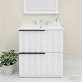 Loheer - 2.5 ft Bathroom Vanity with Ceramic Sink, Soft-Close Full-Extension Drawers, Fluted Design - White