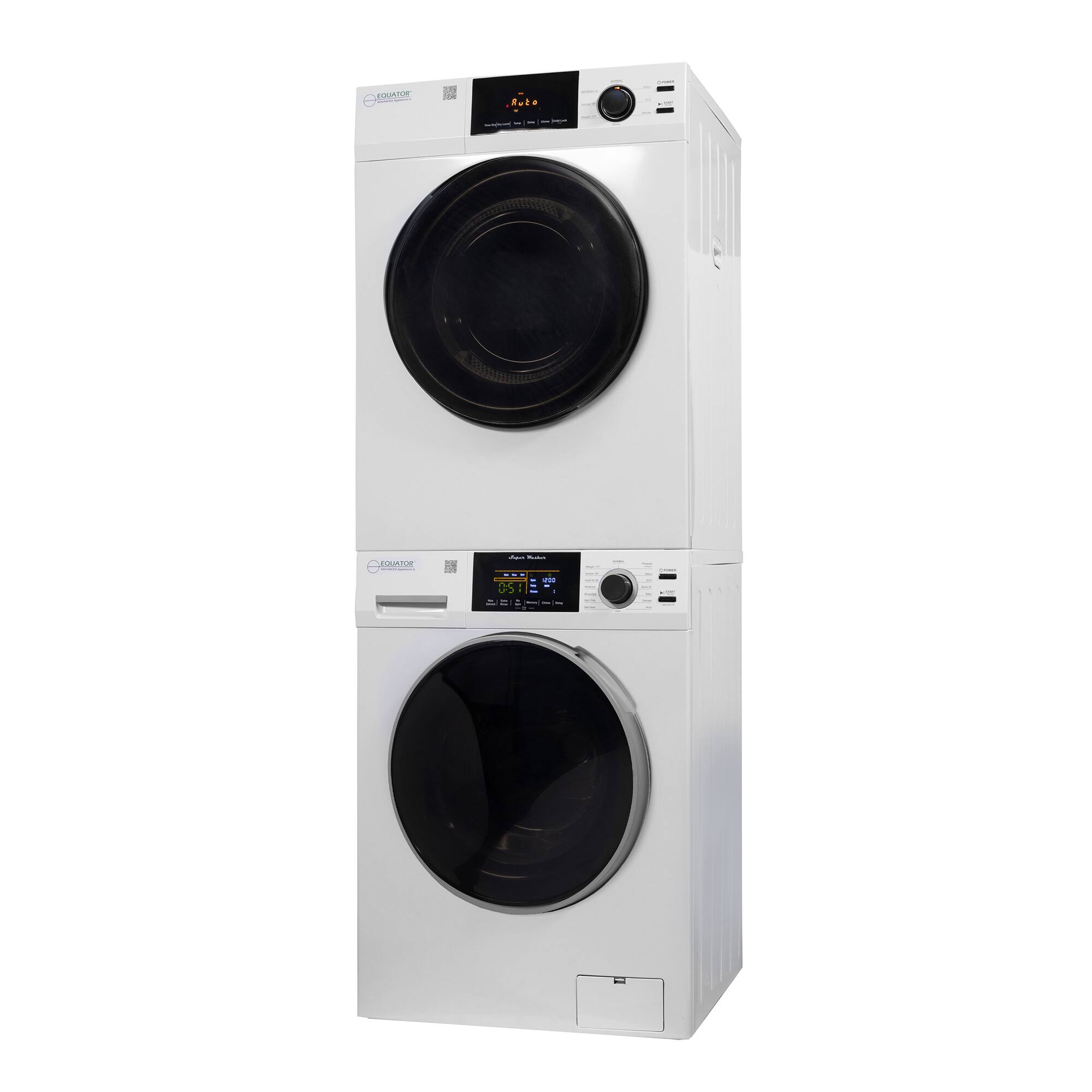 Equator - 110V STANDARD STACKABLE EW 835 Washer 1.9cf/18 lbs + ED 870 Electric Dryer 4cf Vented w/Sensor L - White