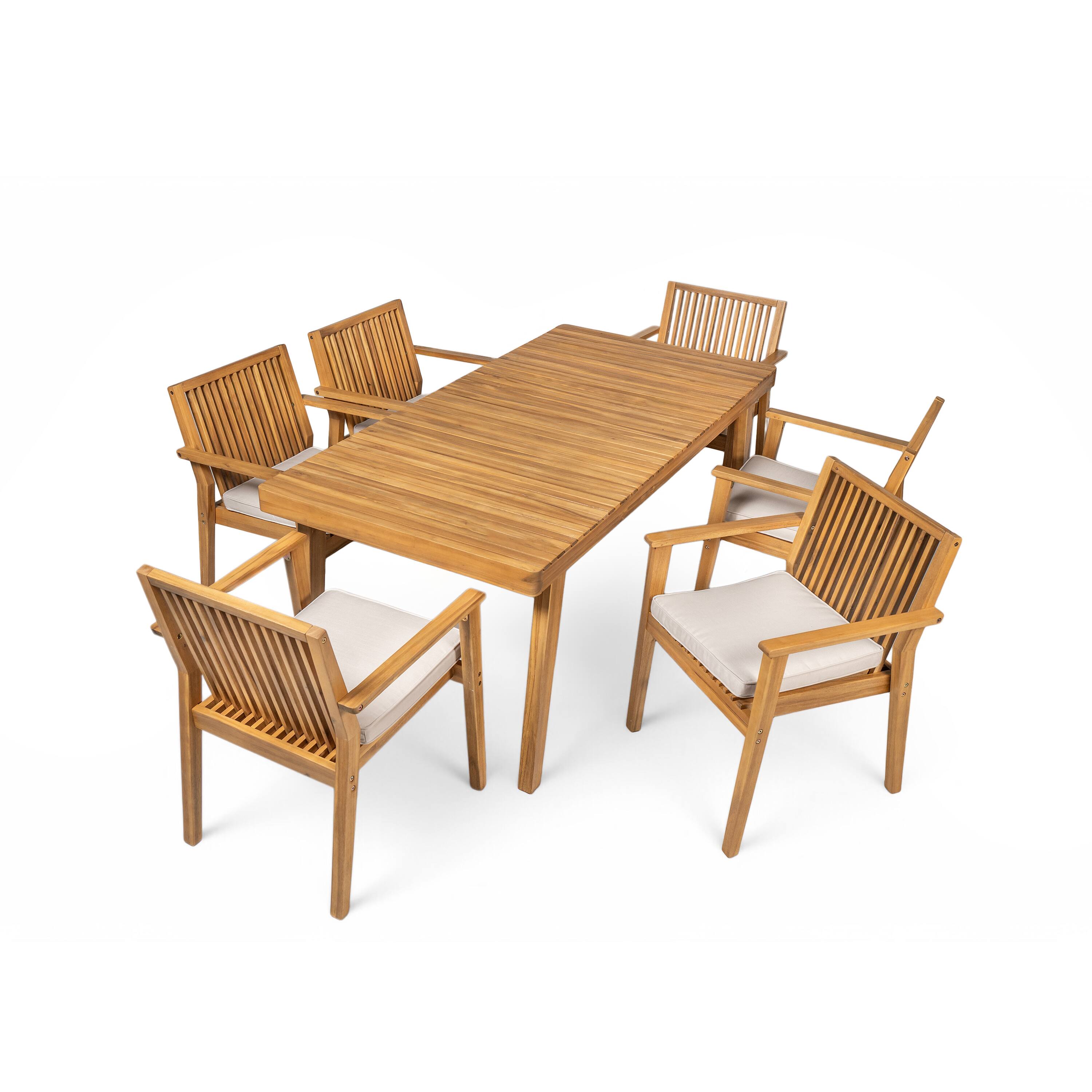 Left. Mondawe - 7 - Piece Patio Furniture Set Acacia Wood Table and 6 Heavy-Duty Cushioned Chairs - Beige+Natural.