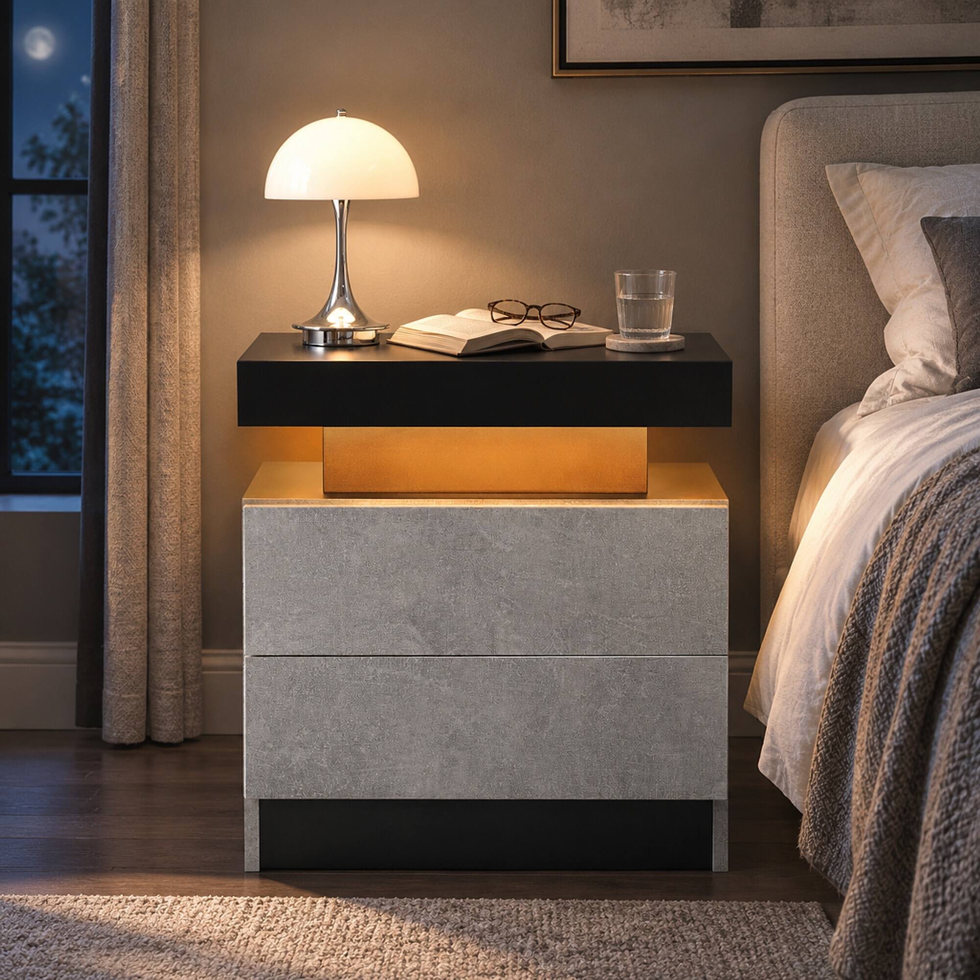 Back. RYHNUYNE - LED Nightstand with 2 Drawers, Black and Gray Bedside Table, Modern End Side Table for Bedroom - Black+ Gray.