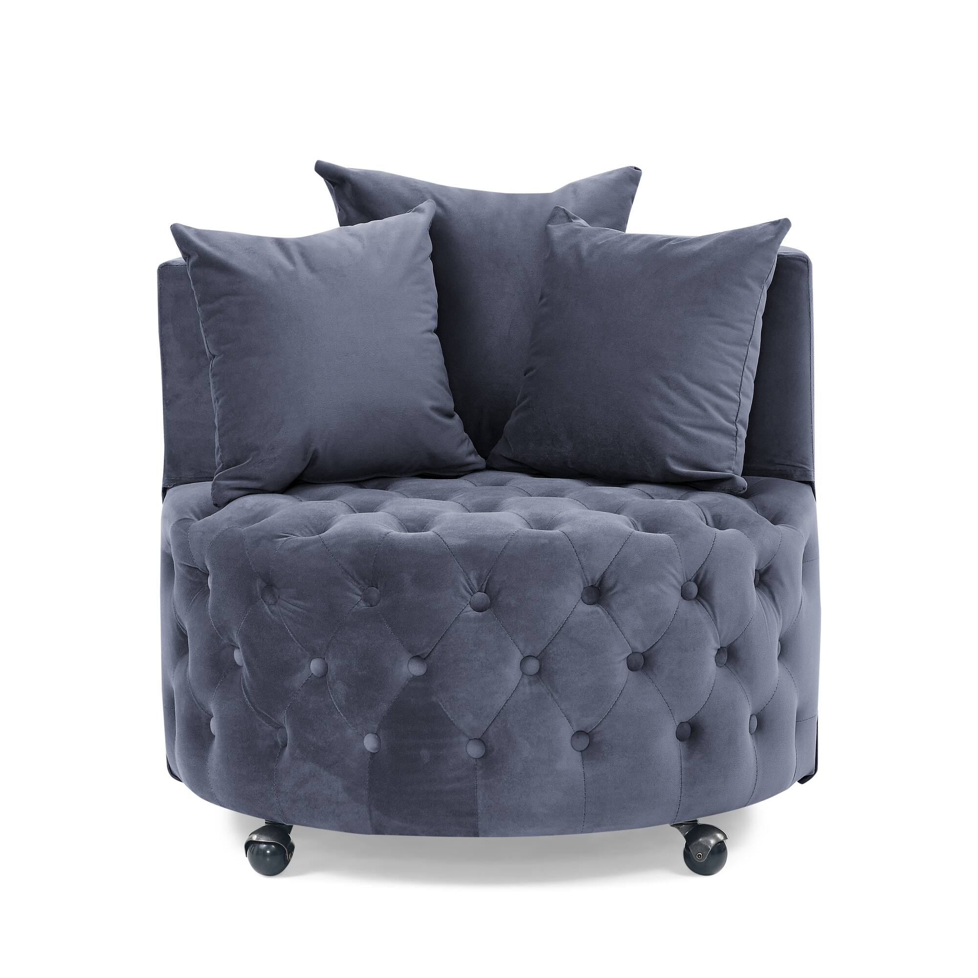 Alt View 4. Trinkets Crazed - Velvet Upholstered Swivel Chair for Living Room, with Button Tufted Design and Movable Wheels, Including 3 Pillows - Grey.