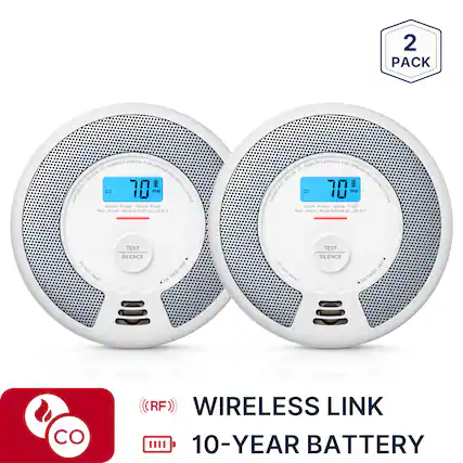 2 PACK
IMPORTANT: REFER TO OWNER'S MANUAL FOR OPERATING INSTRUCTIONS
CO 70 PPM
Green - Power
Yellow - Fault
Red - Alarm
Move to fresh air. Call 911
DO NOT PAINT
TEST SILENCE
ON TWIST OFF
RF WIRELESS LINK
10-YEAR BATTERY