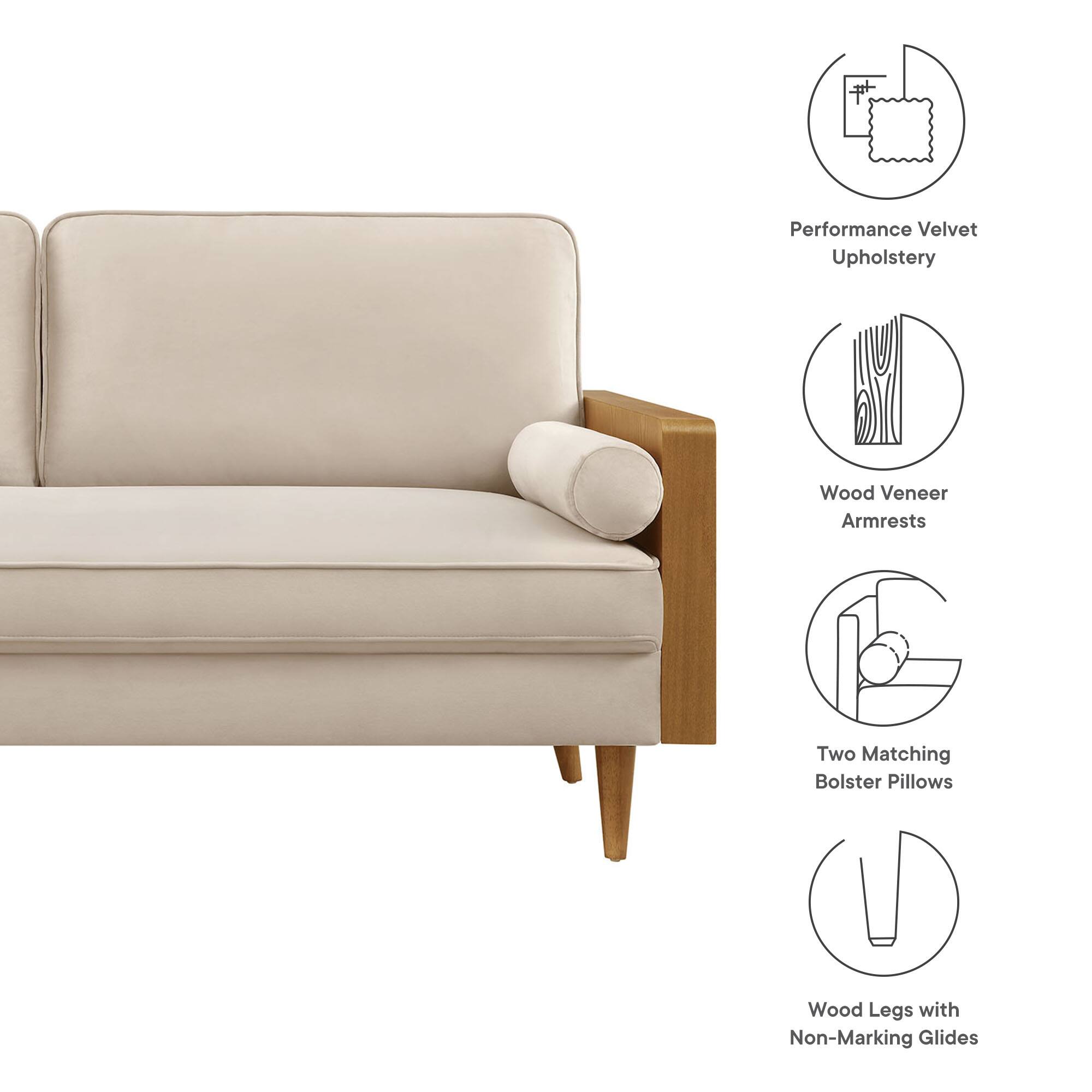 - Performance Velvet Upholstery
- Wood Veneer Armrests
- Two Matching Bolster Pillows
- Wood Legs with Non-Marking Glides