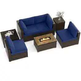 Costway - 7 Pieces Outdoor Furniture Set with 32" Fire Pit Table and Propane Tank Cover - Navy
