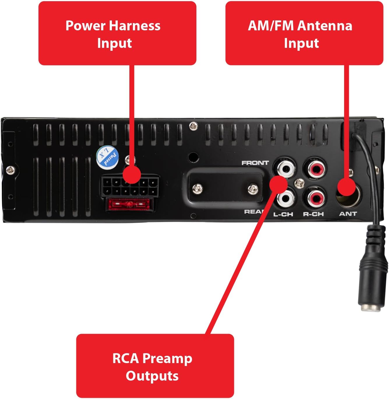 Power Harness Input  
AM/FM Antenna Input  
RCA Preamp Outputs
