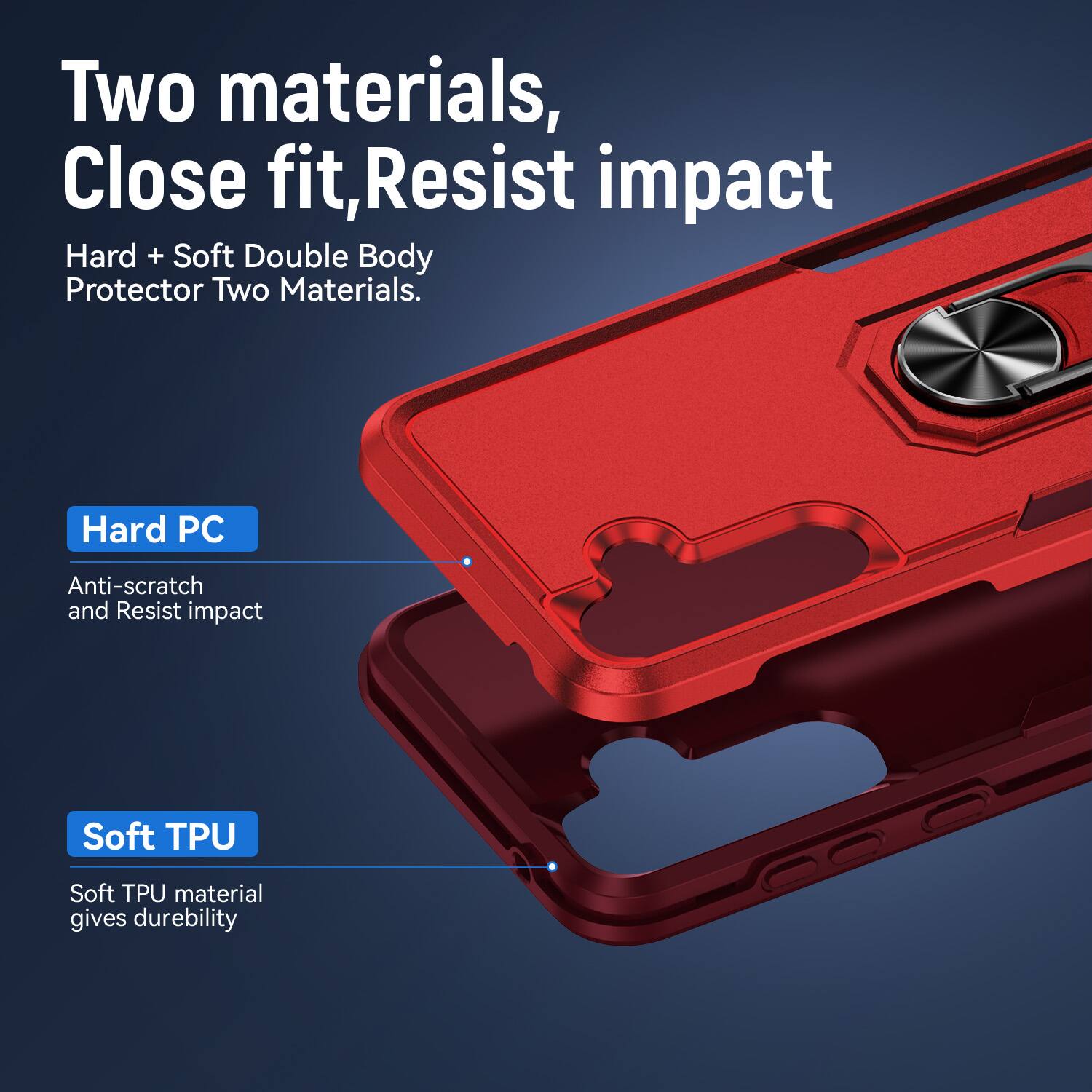 Two materials, Close fit, Resist impact  
Hard + Soft Double Body Protector Two Materials.  
Hard PC  
Anti-scratch and Resist impact  
Soft TPU  
Soft TPU material gives durability