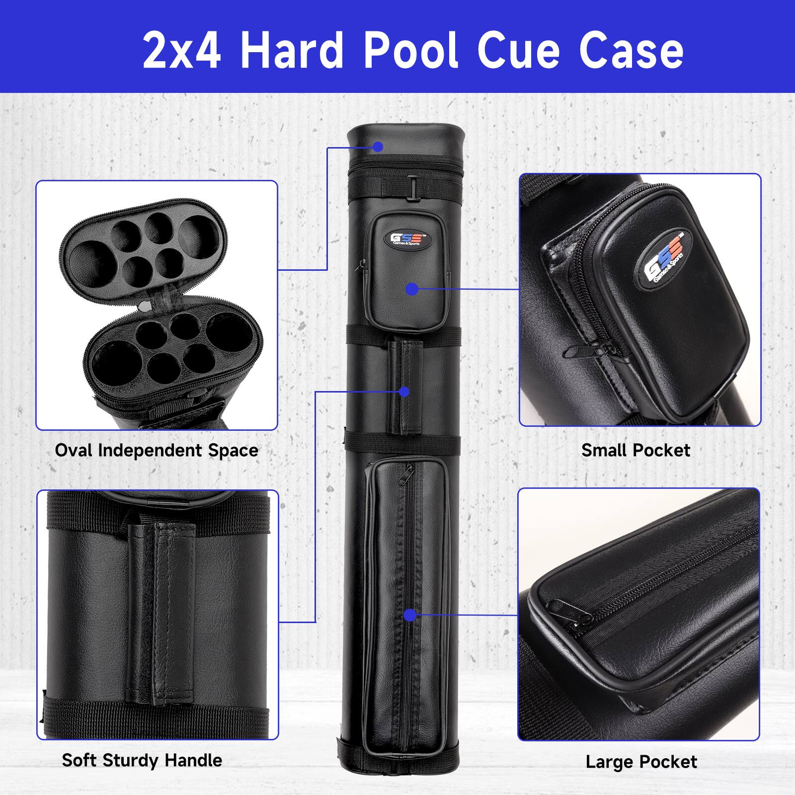 2x4 Hard Pool Cue Case
- Oval Independent Space
- Small Pocket
- Soft Sturdy Handle
- Large Pocket