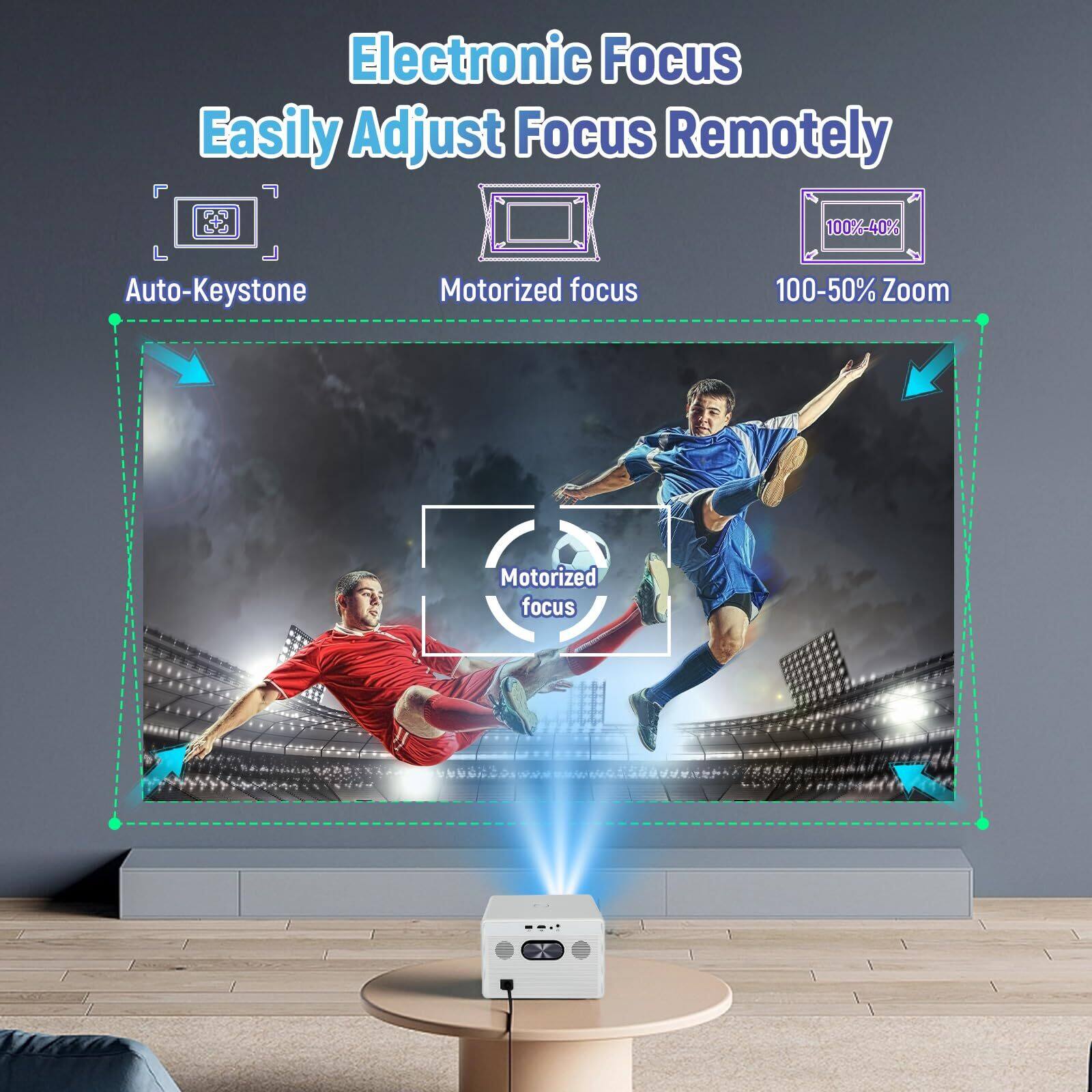 Electronic Focus  
Easily Adjust Focus Remotely  

- Auto-Keystone  
- Motorized focus  
- 100%-40%  
- 100-50% Zoom  
- Motorized focus