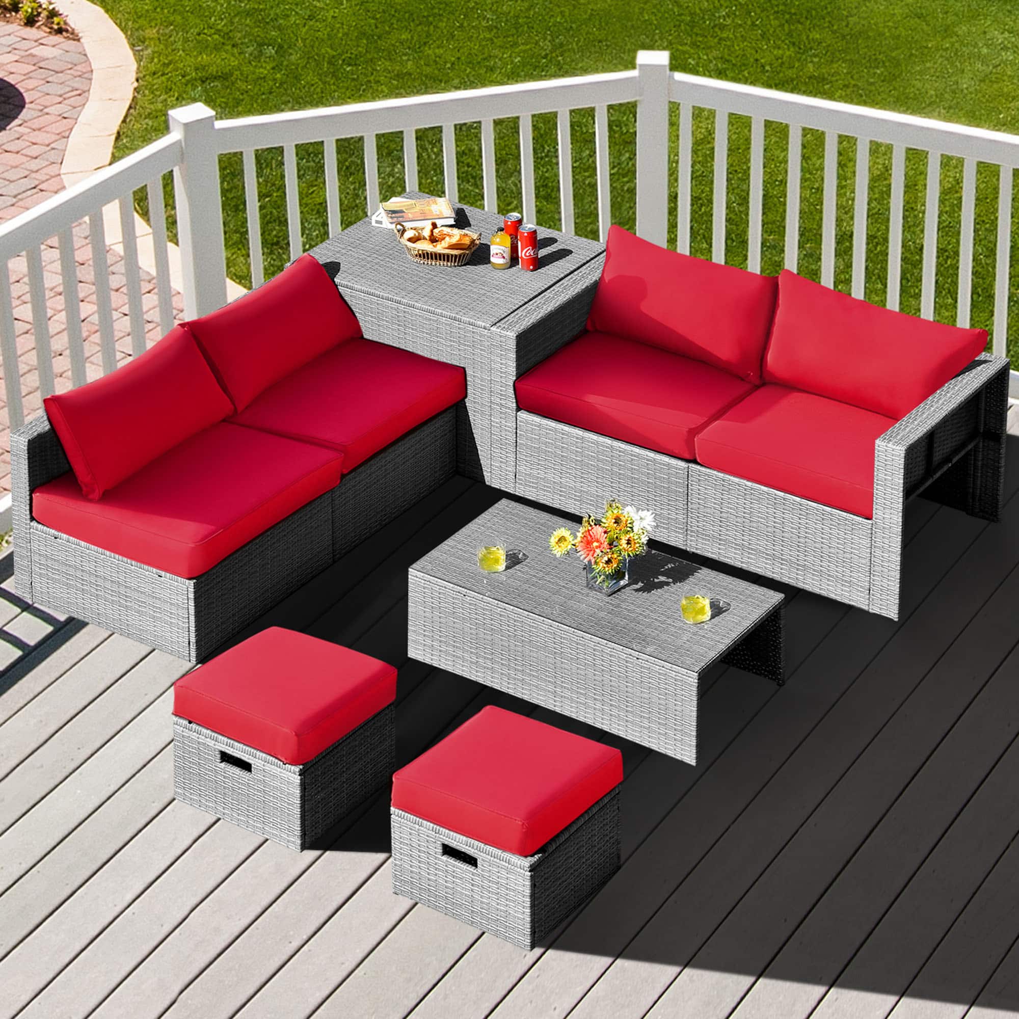 Gymax - 8PCS Rattan Patio Space-Saving Furniture Set w/ Waterproof Cover & Cushions - Red
