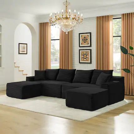 Front. Anysun - 115" U-Shape Boneless Corduroy Sectional with Chaise & Ottoman-No Assembly, Deep-Seat Modular Cloud Sofa for Living Room - Black.