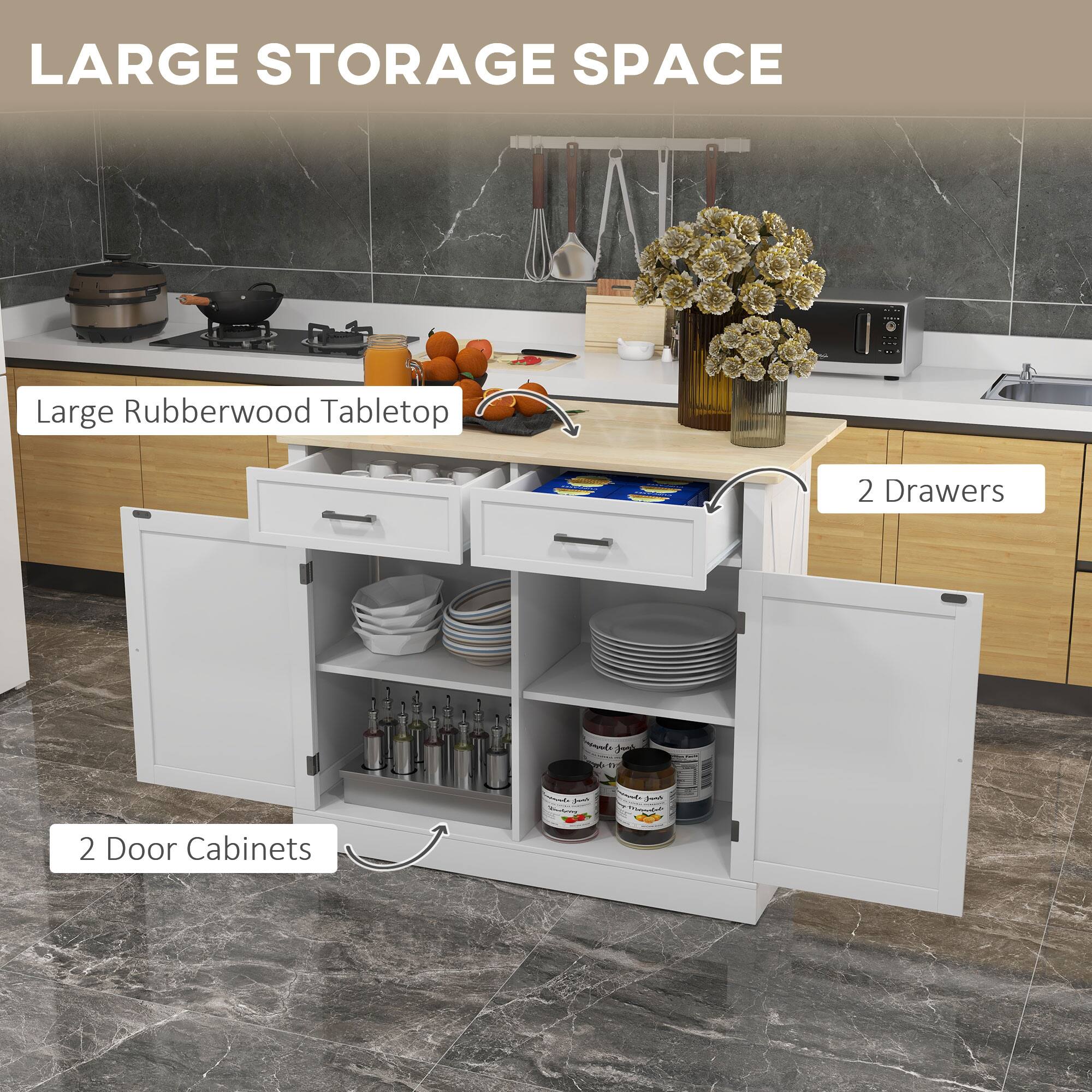 LARGE STORAGE SPACE Large Rubberwood Tabletop 2 Drawers 2 Door Cabinets