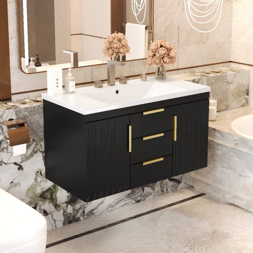 Left. Loheer - Loheer 36 inch Wall Mounted Bathroom Vanity Black Floating Bathroom Vanity with Resin Sink and 2 Drawers - Black.