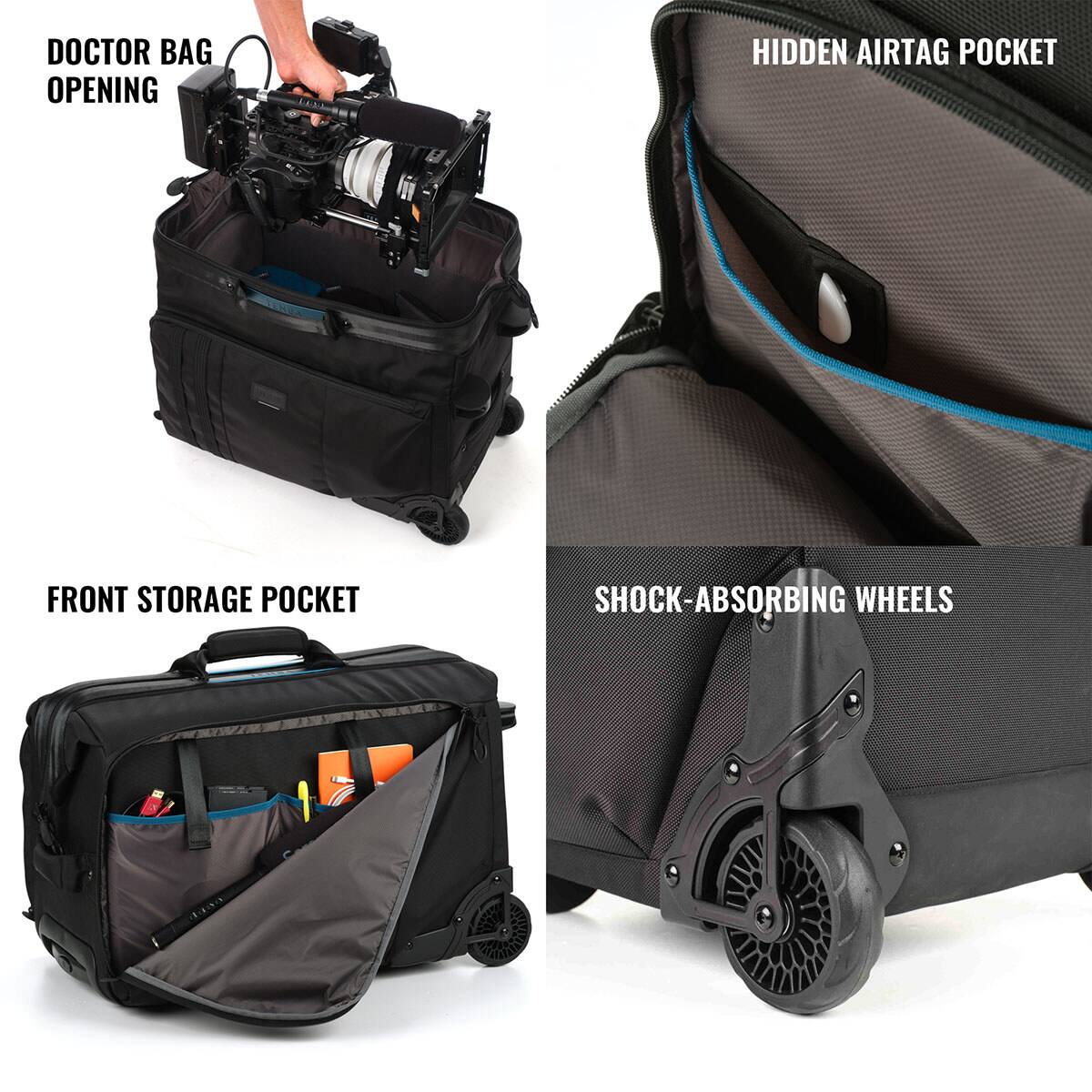 DOCTOR BAG OPENING  
HIDDEN AIRTAG POCKET  
FRONT STORAGE POCKET  
SHOCK-ABSORBING WHEELS