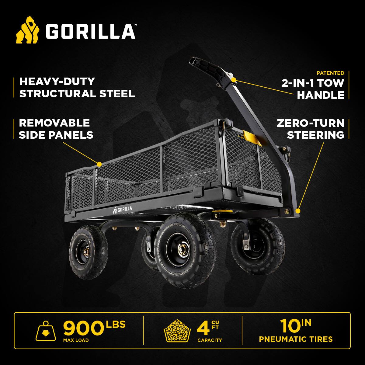 GORILLA HEAVY-DUTY STRUCTURAL STEEL  
PATENTED 2-IN-1 TOW HANDLE  
REMOVABLE SIDE PANELS  
ZERO-TURN STEERING  
GORILLA 900 LBS MAX LOAD  
4 CU FT CAPACITY  
10IN PNEUMATIC TIRES