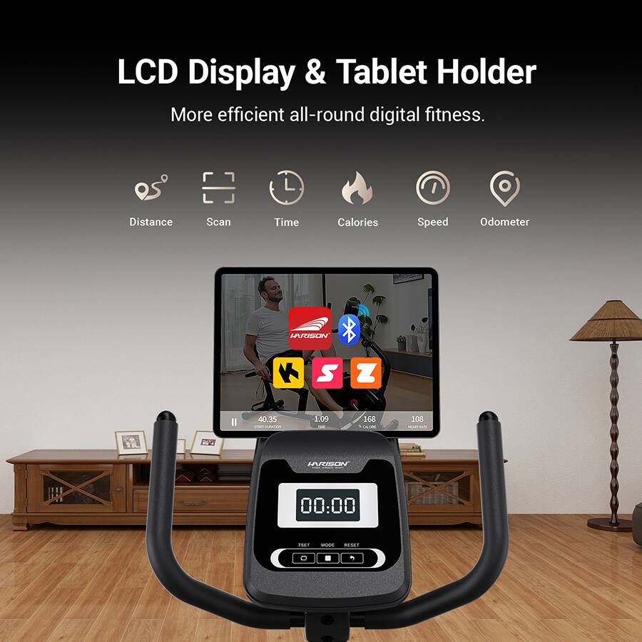 LCD Display & Tablet Holder  
More efficient all-round digital fitness.  
Distance Scan Time Calories Speed Odometer  
IRSON S Z II  
40.35  
1.09  
168  
108  
00:00  
RESET