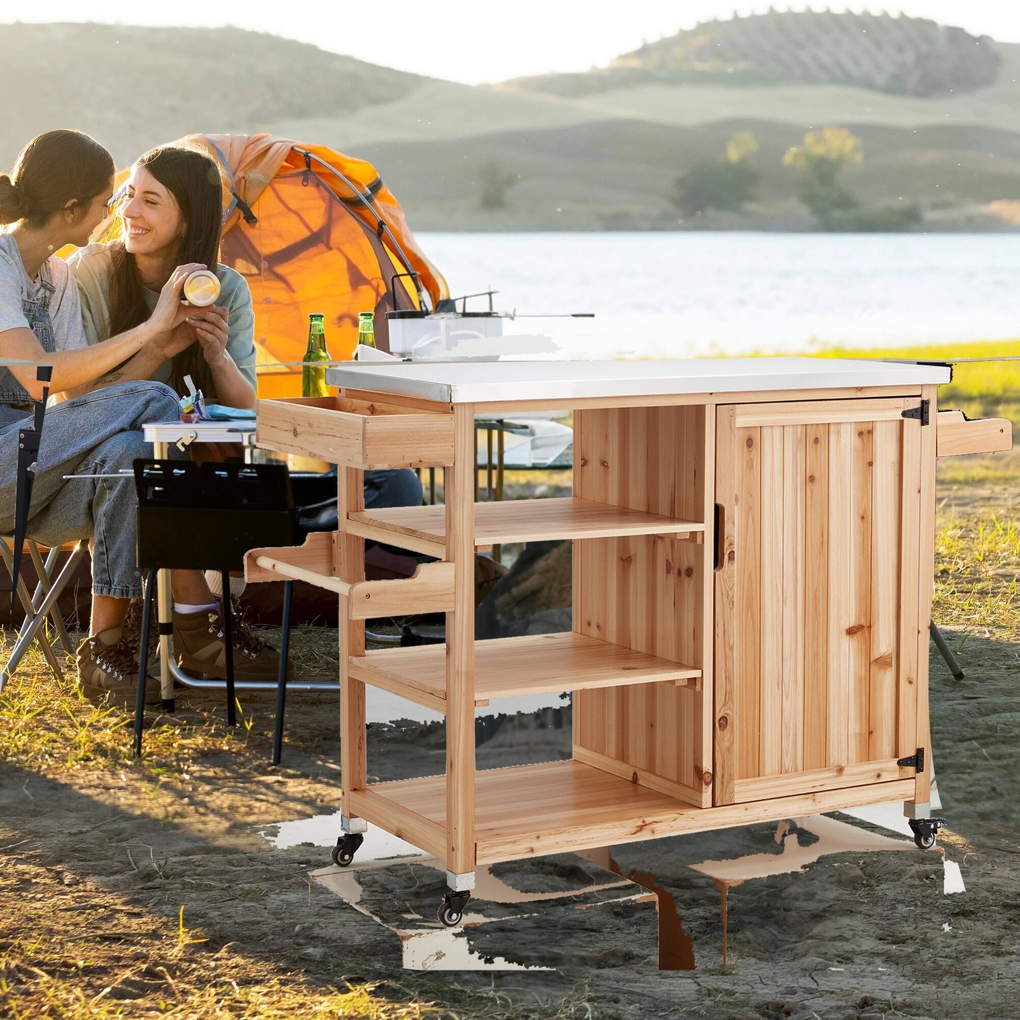 Angle. U-HOMY - Outdoor Cedar Wood Kitchen Island Cart with Stainless Steel Top, 3-Tier Storage, Spice Rack & Locking Wheels - Brown.