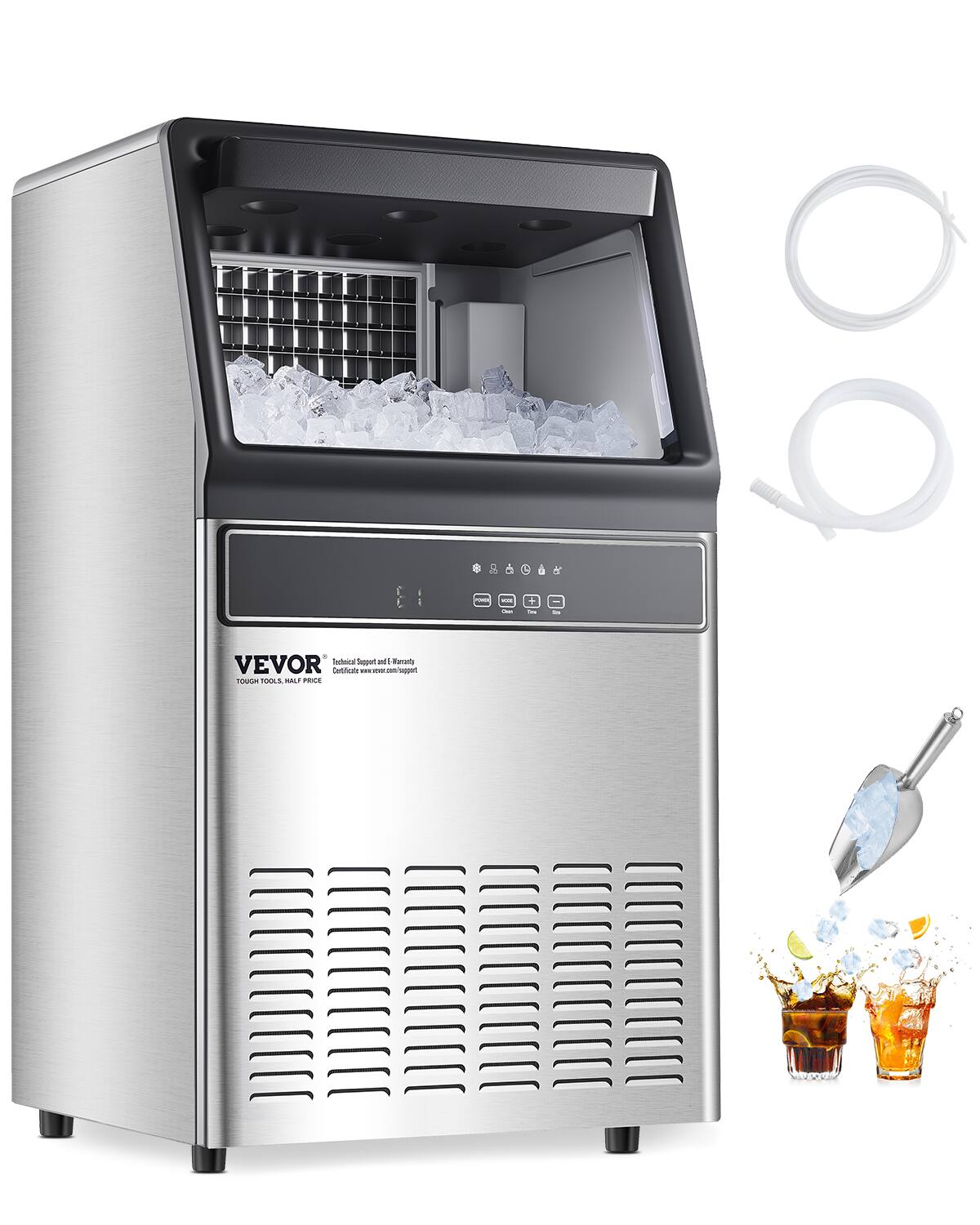 VEVOR - 160lbs/24H Commercial Ice Maker, 55 Ice Cubes in 15 Minutes, with 33lbs Large Storage Capacity - Silver