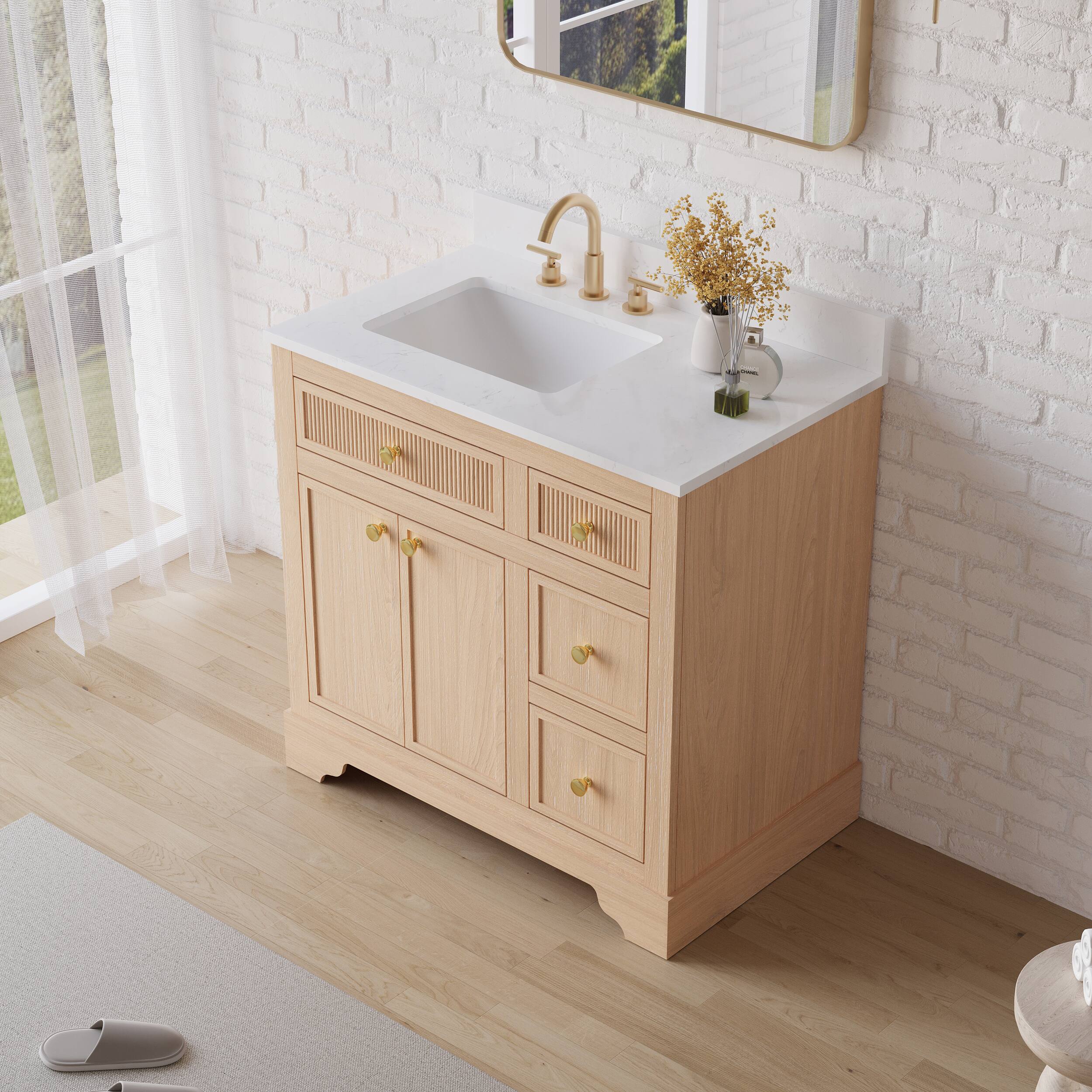 Alt View 1. WELLFOR - ALLSTAR 36 in. Freestanding Solid Wood Bath Vanity with Quartz Top, Single Sink, Soft Close, Assembled - Light Brown.