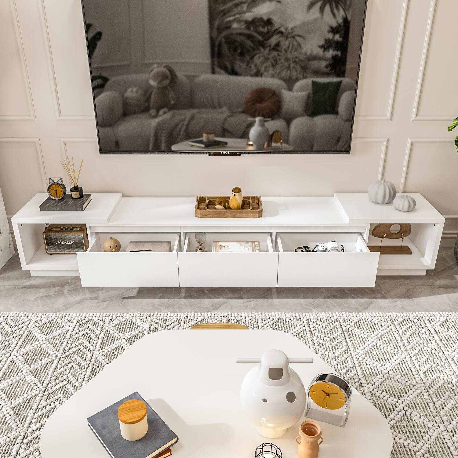 Back. FUFU&GAGA - TV Stand for 80 Inch TV, Modern Entertainment Center with Storage Cabinets and Drawers, Media Console for Living Room - White.