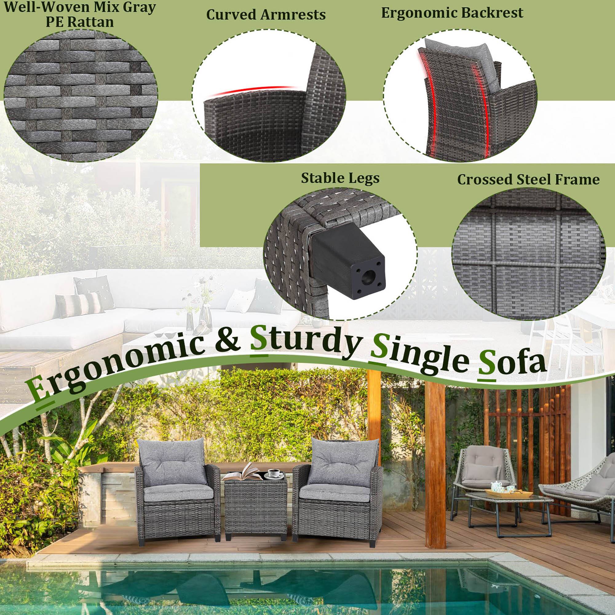Well-Woven Mix Gray PE Rattan, Curved Armrests, Ergonomic Backrest, Stable Legs, Crossed Steel Frame, & Sturdy Ergonomic Single Sofa