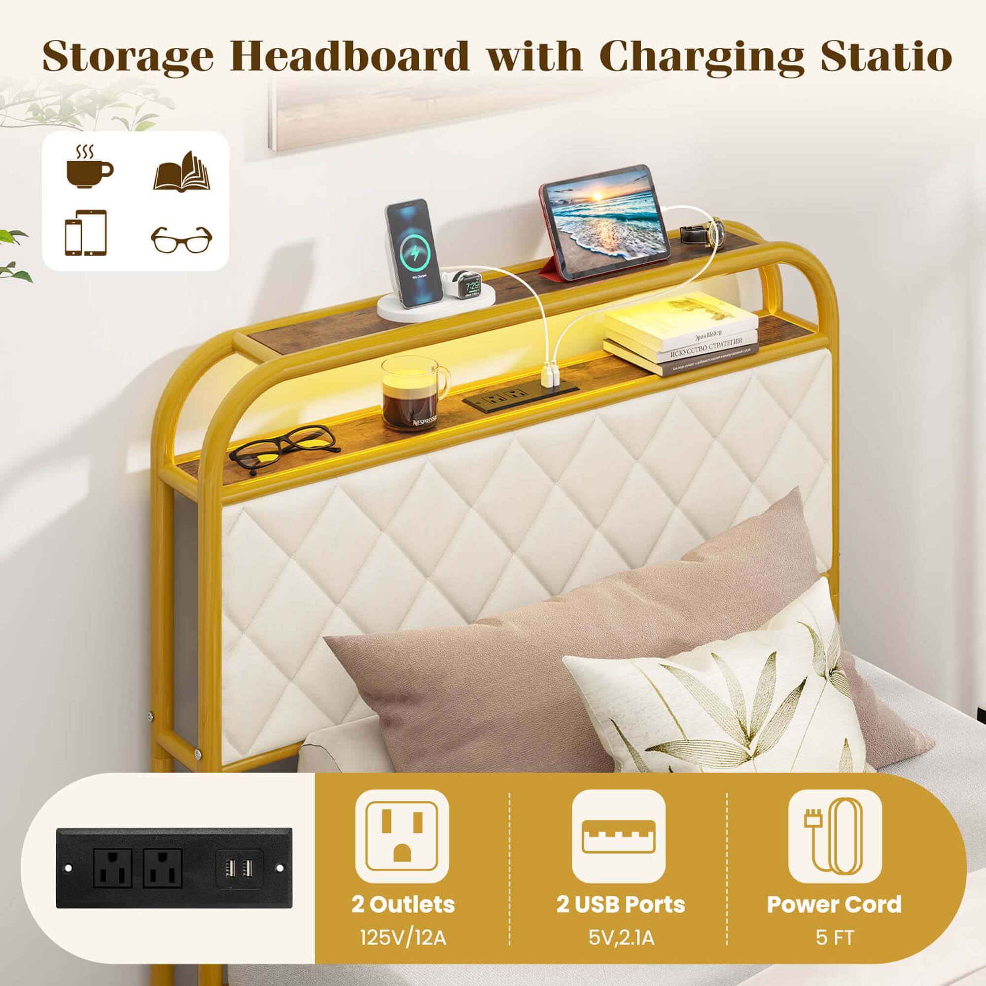 Storage Headboard with Charging Station: 2 Outlets, 125V/12A, 2 USB Ports, 5V, 2.1A Power Cord, 5 FT.