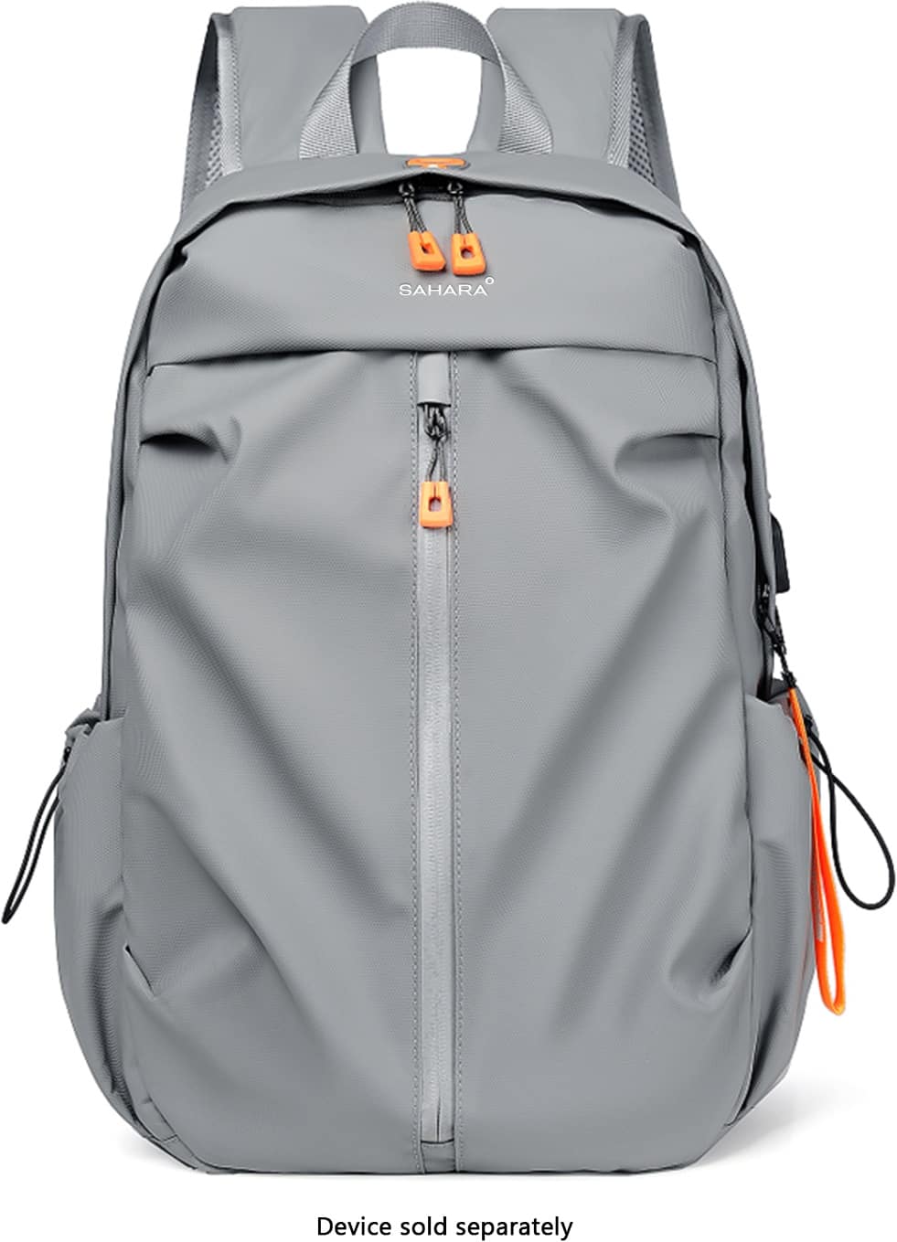 The image features a gray backpack, which is part of the SAHARA collection. The backpack is designed to be carried on the back and has a zippered compartment. The backpack is shown in a close-up view, emphasizing its features. The text on the image indicates that the device is sold separately, meaning that it is not included with the backpack.
