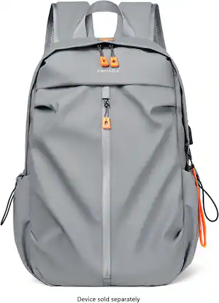 The image features a gray backpack, which is part of the SAHARA collection. The backpack is designed to be carried on the back and has a zippered compartment. The backpack is shown in a close-up view, emphasizing its features. The text on the image indicates that the device is sold separately, meaning that it is not included with the backpack.