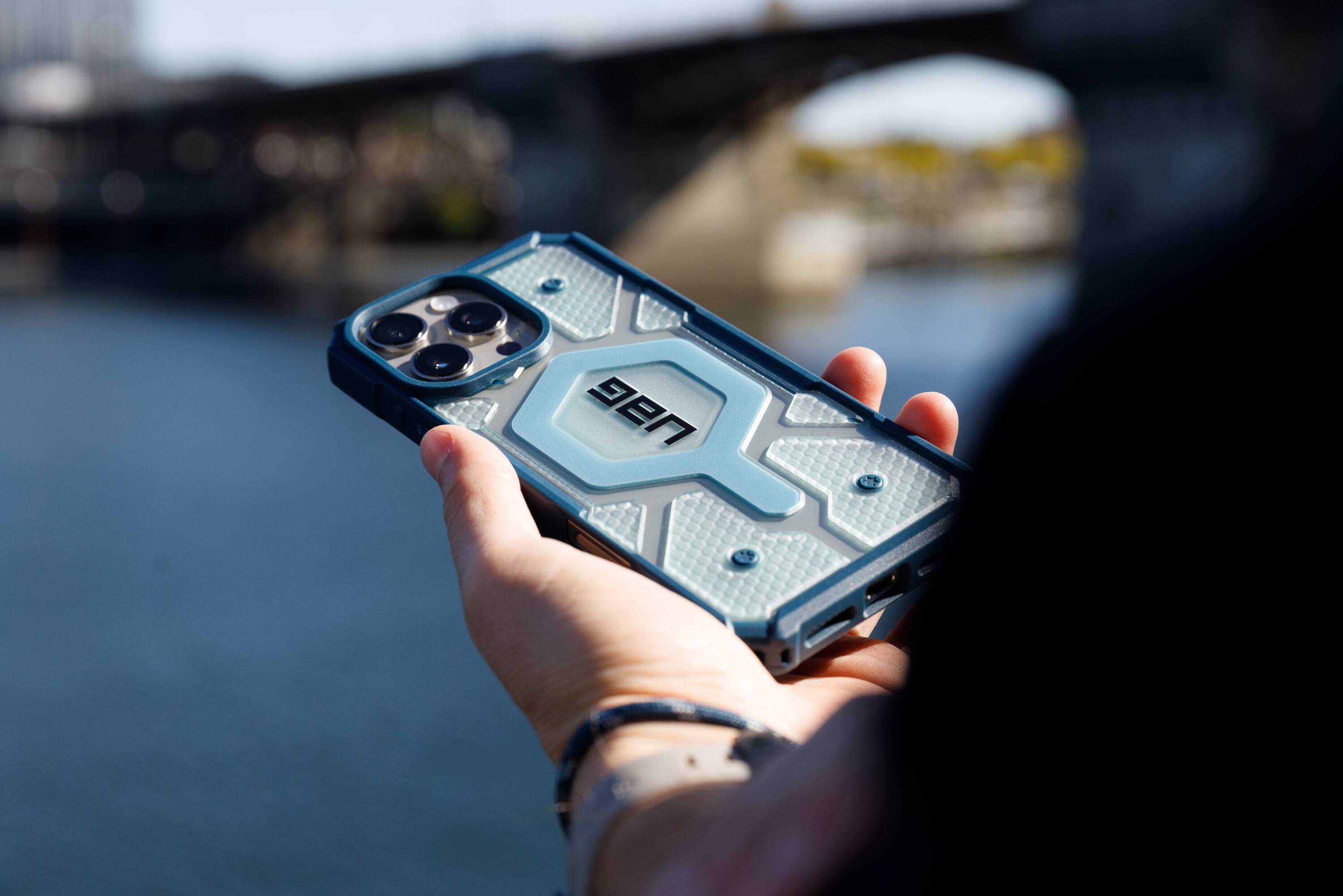 Alt View 1. UAG - Bundle: Pathfinder Series MagSafe Case and Lanyard for iPhone 16 Pro Max - Blue/Clear.