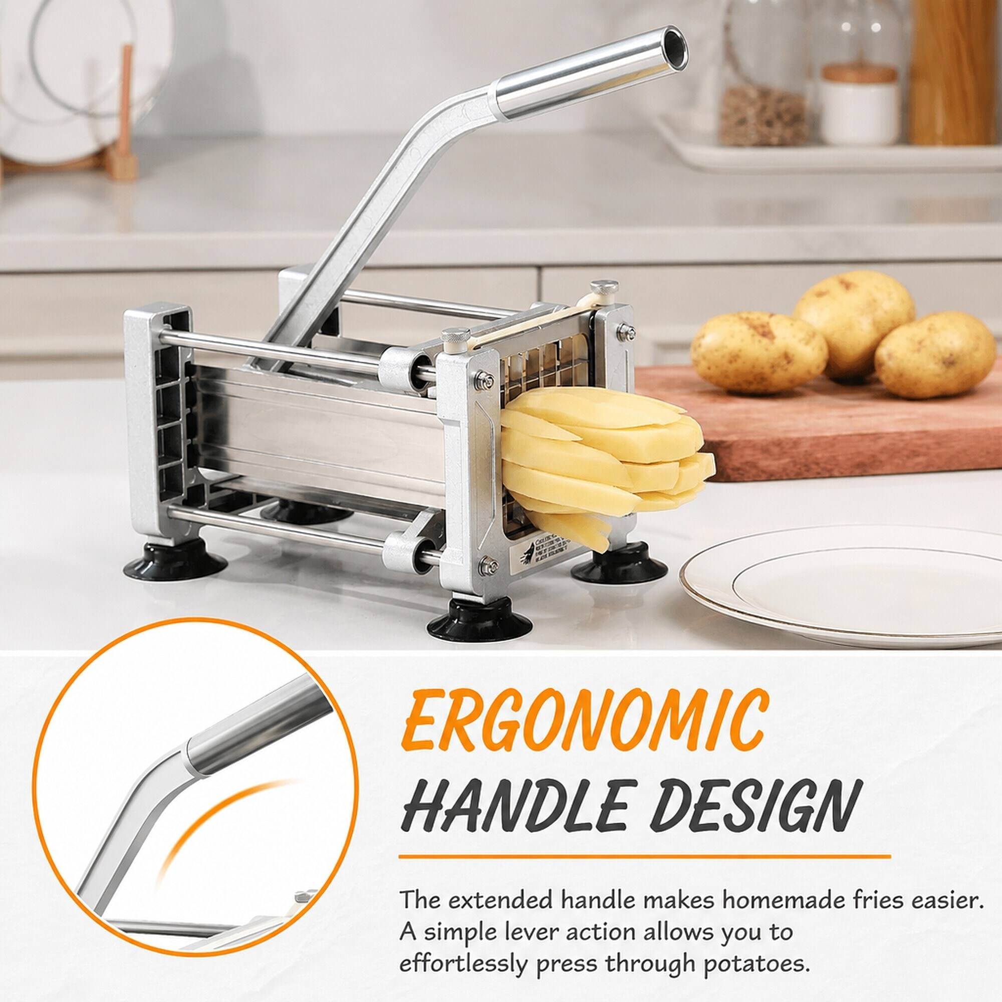 ERGONOMIC HANDLE DESIGN

The extended handle makes homemade fries easier. A simple lever action allows you to effortlessly press through potatoes.
