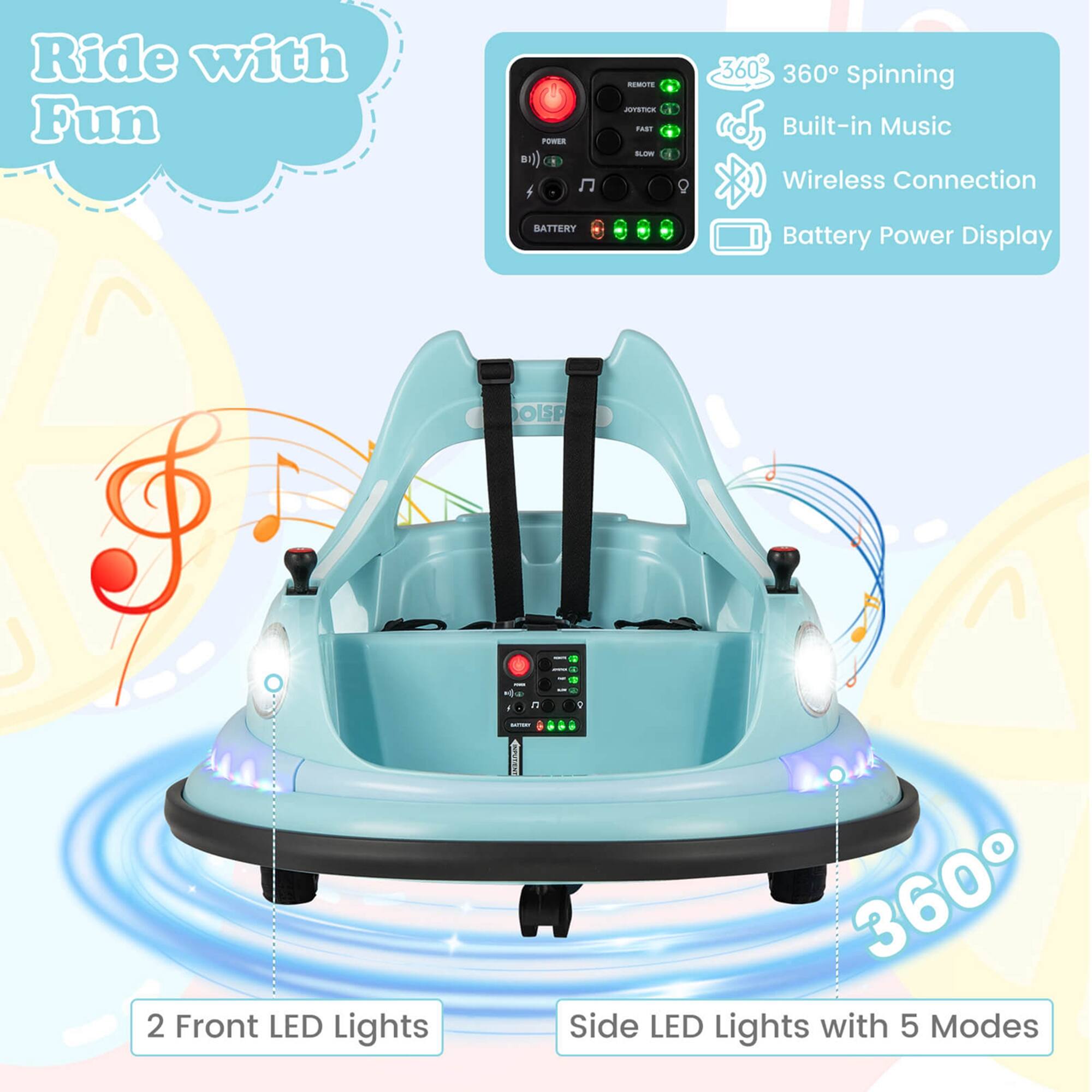 Ride with Fun

- 360° Spinning
- Built-in Music
- Wireless Connection
- Battery Power Display
- 2 Front LED Lights
- Side LED Lights with 5 Modes
