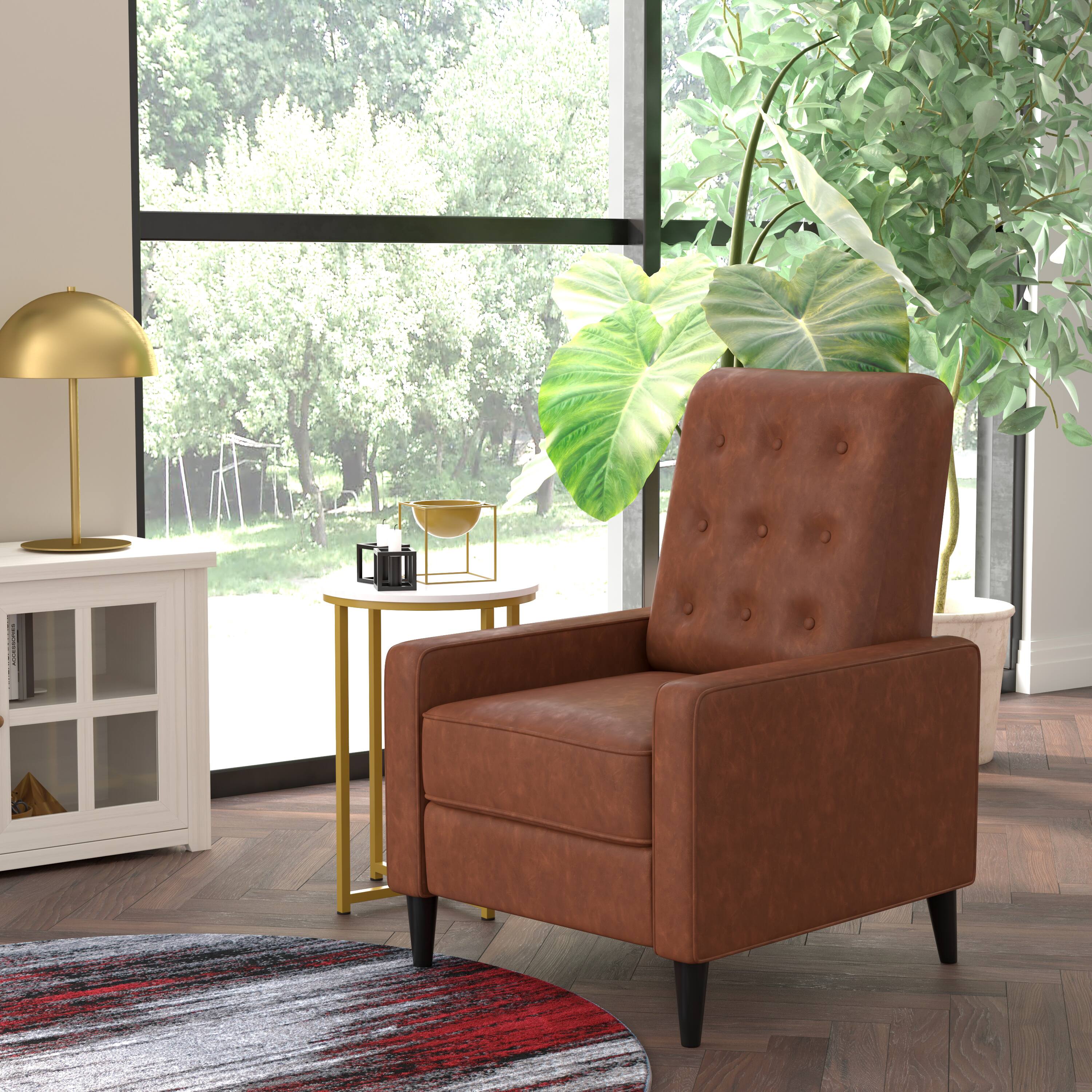Alt View 1. Emma + Oliver - Jules Mid-Century Modern Button Tufted Upholstered Easy Pushback Recliner with Wooden Legs - Cognac Brown.