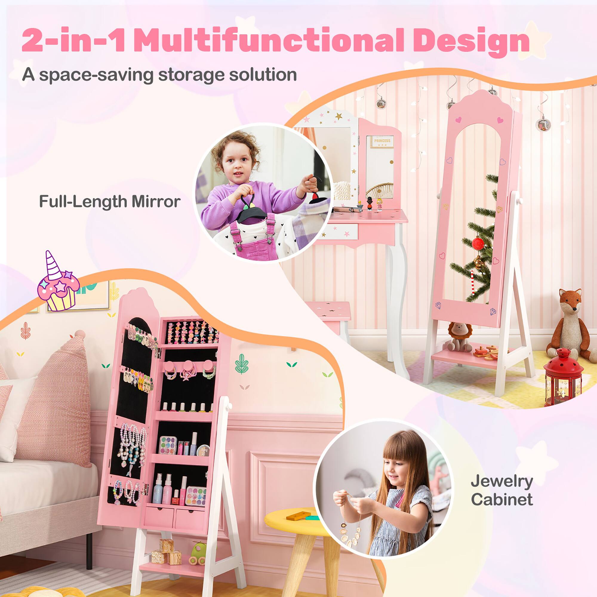 2-in-1 Multifunctional Design  
A space-saving storage solution  

Full-Length Mirror  

Jewelry Cabinet
