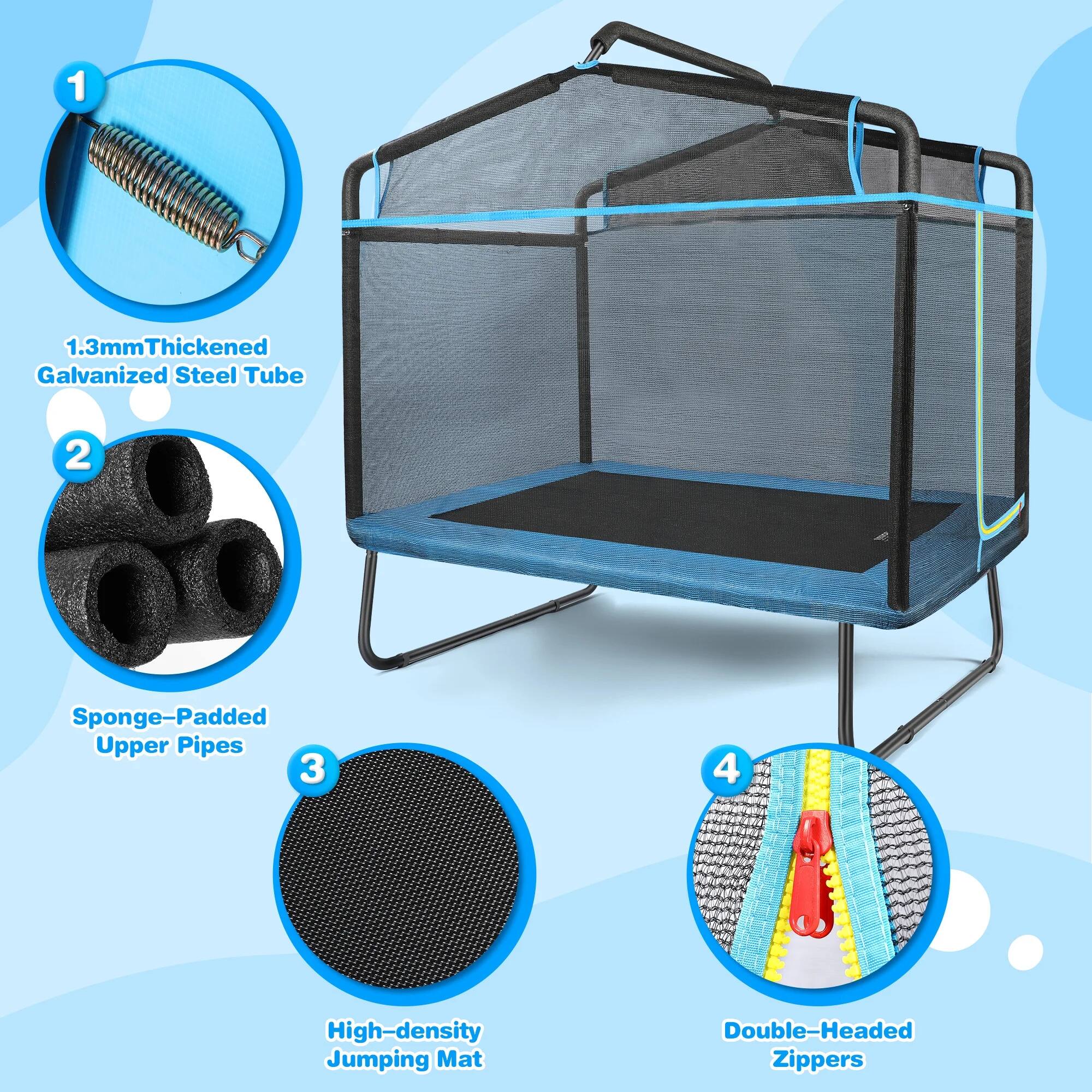 1. 31mm Thickened Galvanized Steel Tube
2. Sponge-Padded Upper Pipes
3. High-Density Jumping Mat
4. Double-Headed Zippers