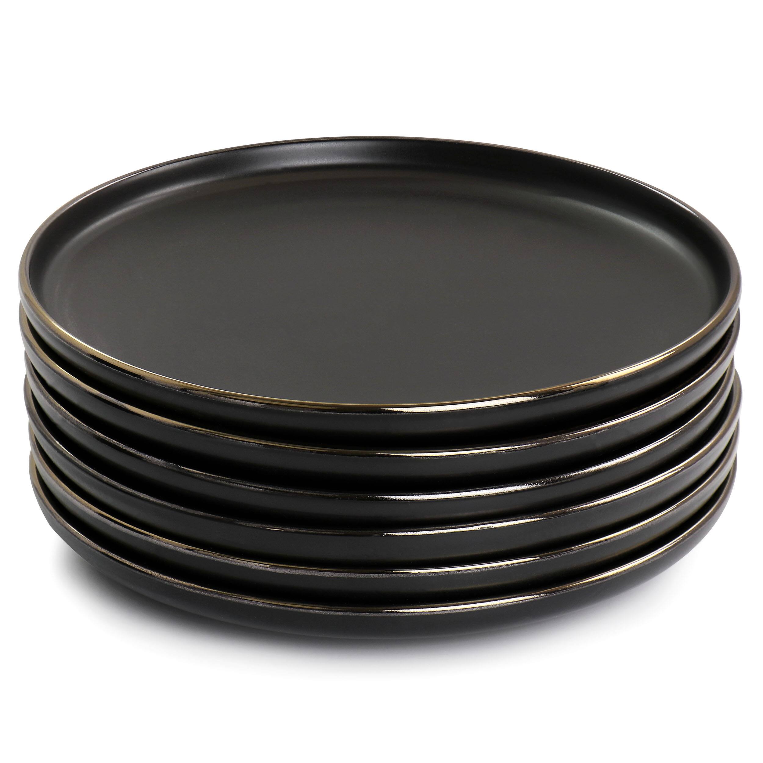 Angle. Elama - Elama Paul 6 Piece Stoneware Salad Plate Set in Matte Black with Gold Rim - Black.