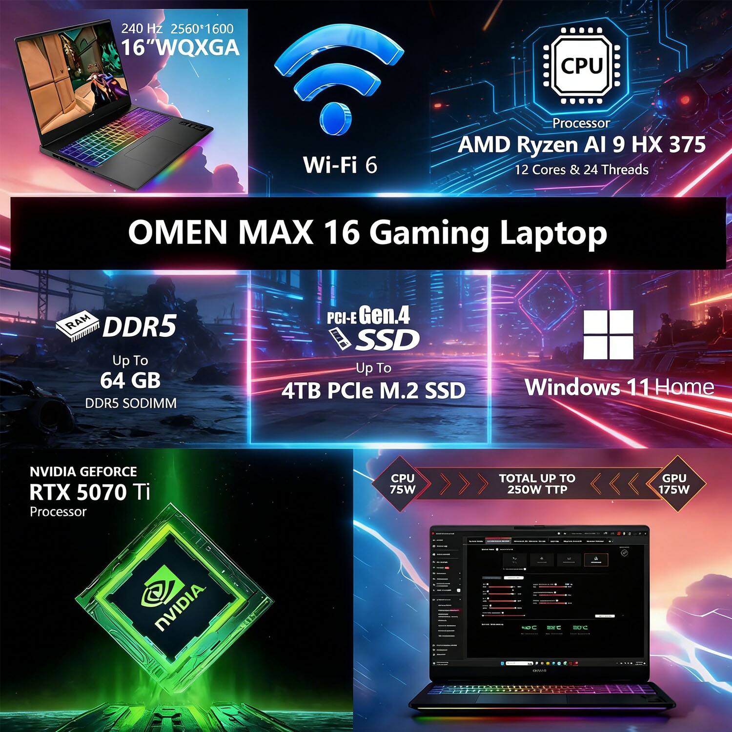 240 Hz 2560*1600 16" WQXGA  
Wi-Fi 6  
OMEN MAX 16 Gaming Laptop  

CPU: AMD Ryzen AI 9 HX 375  
12 Cores & 24 Threads  

RAM: Up To 64 GB DDR5 SODIMM  

SSD: Up To 4TB PCIe M.2 SSD  

GPU: NVIDIA GeForce RTX 5070 Ti  

Windows 11 Home  

CPU: 75W  
TOTAL UP TO 250W TTP  
GPU: 175W