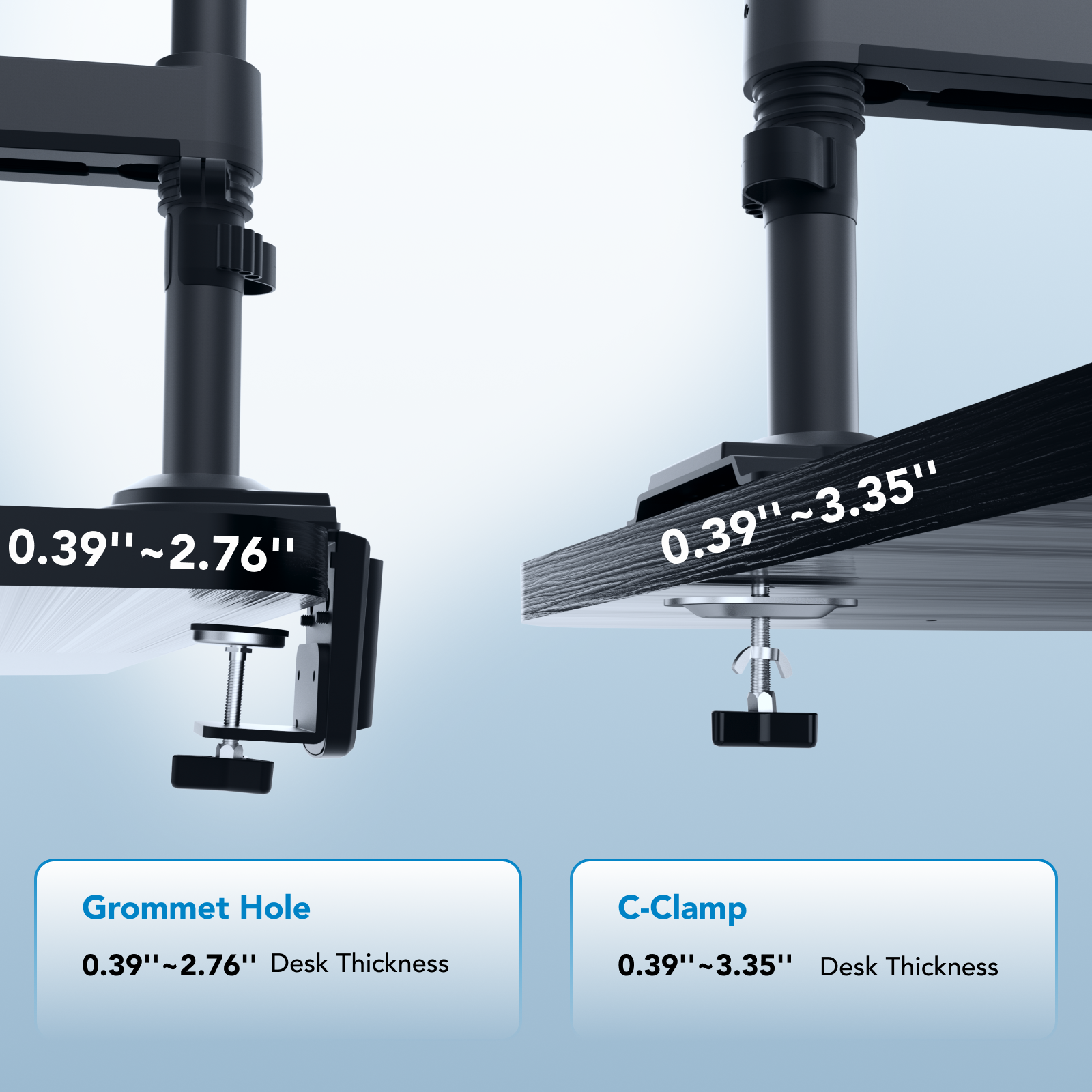 The text on the image is grouped and corrected as follows:

* 0.39"~2.76" Desk Thickness
* 0.39" Grommet Hole
* 0.39"~3.35" Desk Thickness
* C-Clamp 0.39"~3.35" Desk Thickness