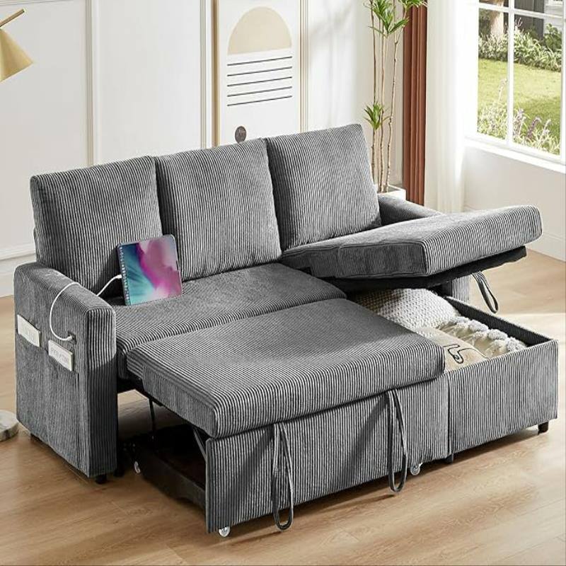 Alt View 1. Dyonery - Dyonery 81 "pull-out sofa, reclining backrest, reversible storage lounge chair, tool-free assembly, corduroy - Grey.
