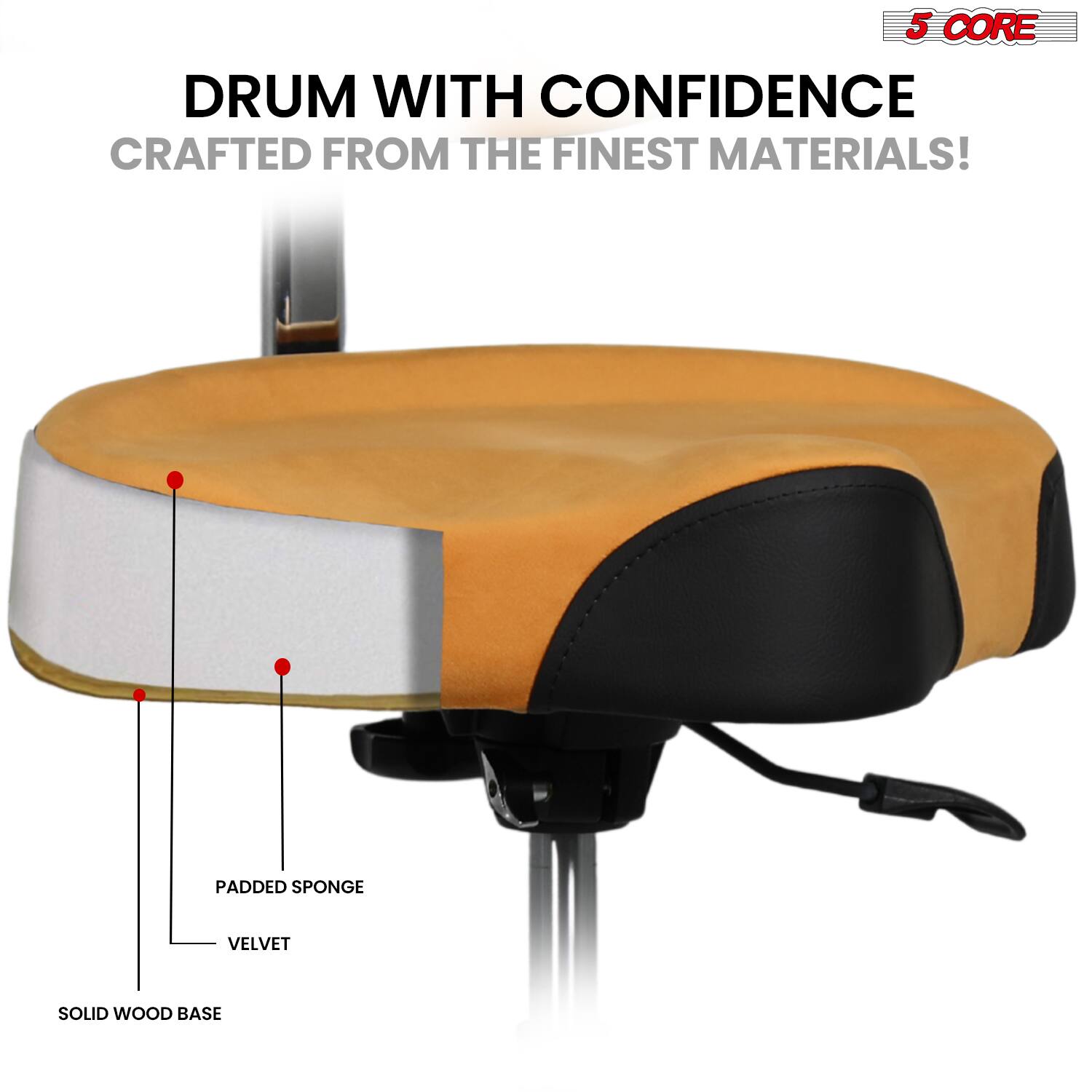 5 CORE DRUM WITH CONFIDENCE  
CRAFTED FROM THE FINEST MATERIALS!  

- PADDED SPONGE  
- VELVET  
- SOLID WOOD BASE