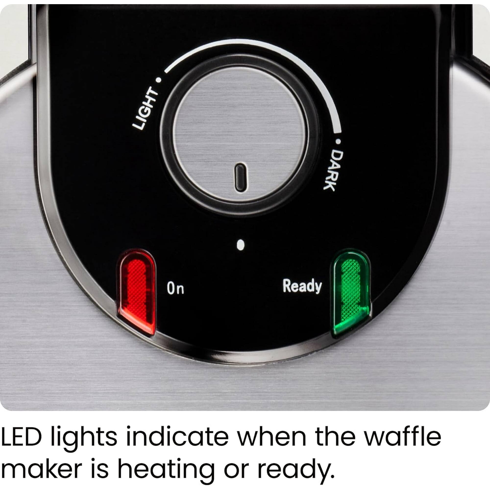 LED lights indicate when the waffle maker is heating or ready.