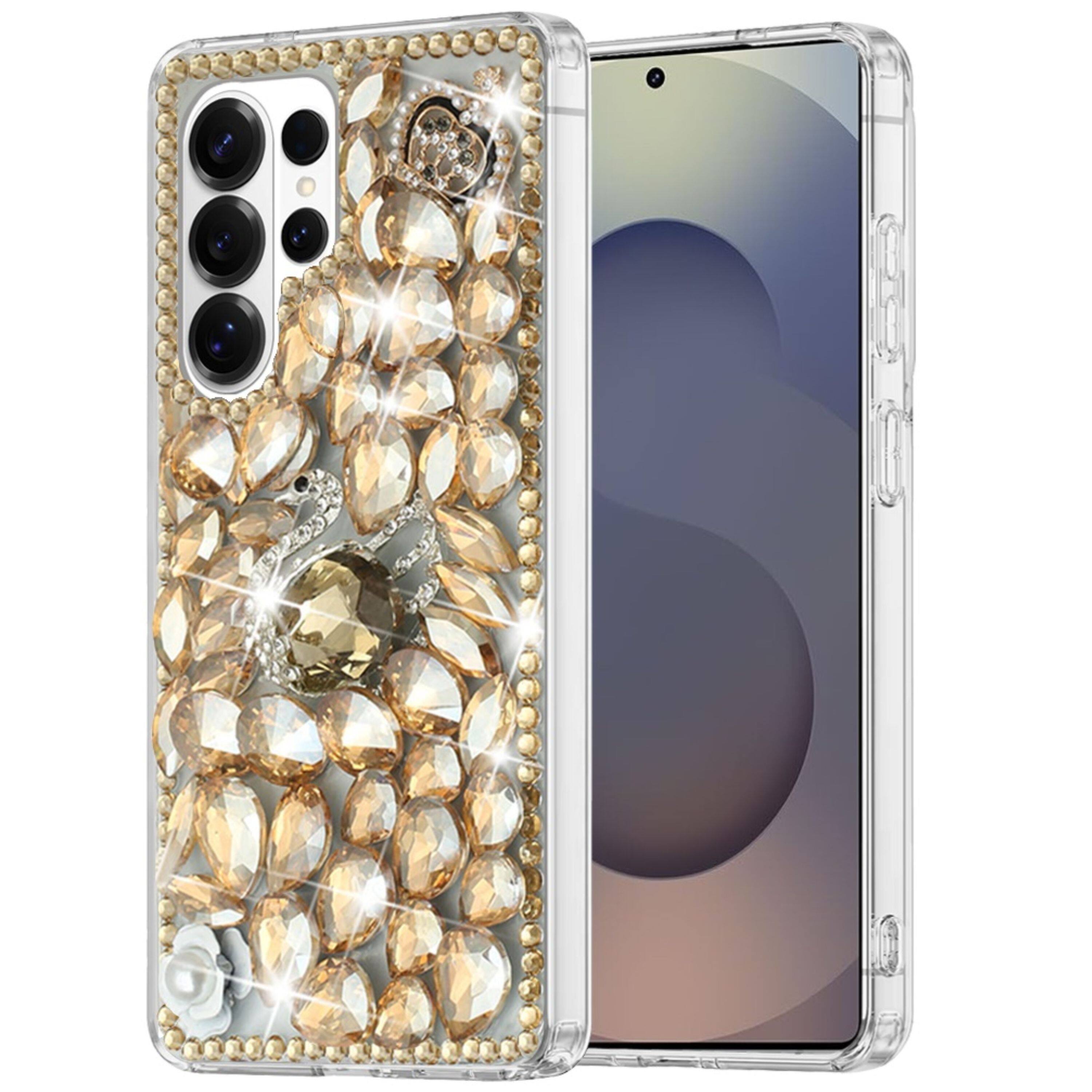 Angle. Kitcheniva - Dazzling 3D Rhinestone Ornament Protective Case With Tempered Glass For Samsung S26 Ultra Gold Swan Crown - Gold.