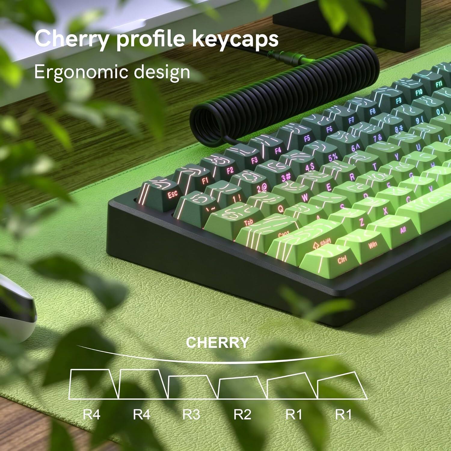 Cherry profile keycaps  
Ergonomic design  

FI F10 FB FB 0.) F7 91 F6 8 F5 78 I F4 6A U 3 F3 5% Y 4$ T H F2 3# R G SS F1 2@ E E V Esc 1! W D C Q S < X Tab Z  

CHERRY  
R4 R4 R3 R2 R1 R1