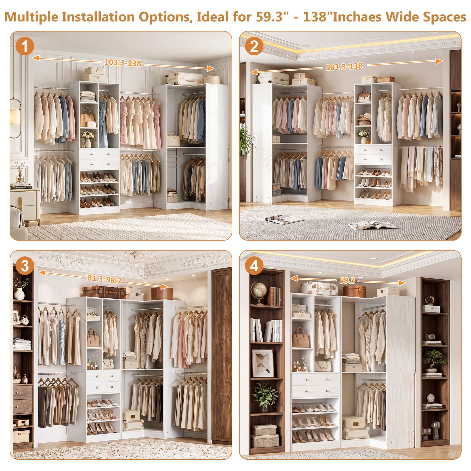 Multiple Installation Options, Ideal for 59.3" - 138" Inches Wide Spaces

1. 103.3-138
2. 103.3-138
3. 81.3-98.7
4. 59.3