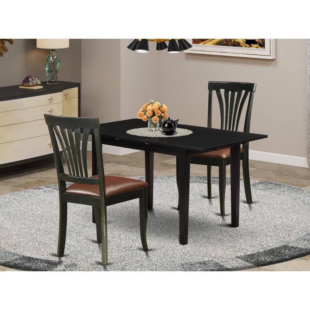 Back. East West Furniture - East West Furniture NOAV3-BLK-LC 3-Pc Dining Set 2 Upholstered Dining Chairs with Slatted Back and a Faux Leather Seat - Black.
