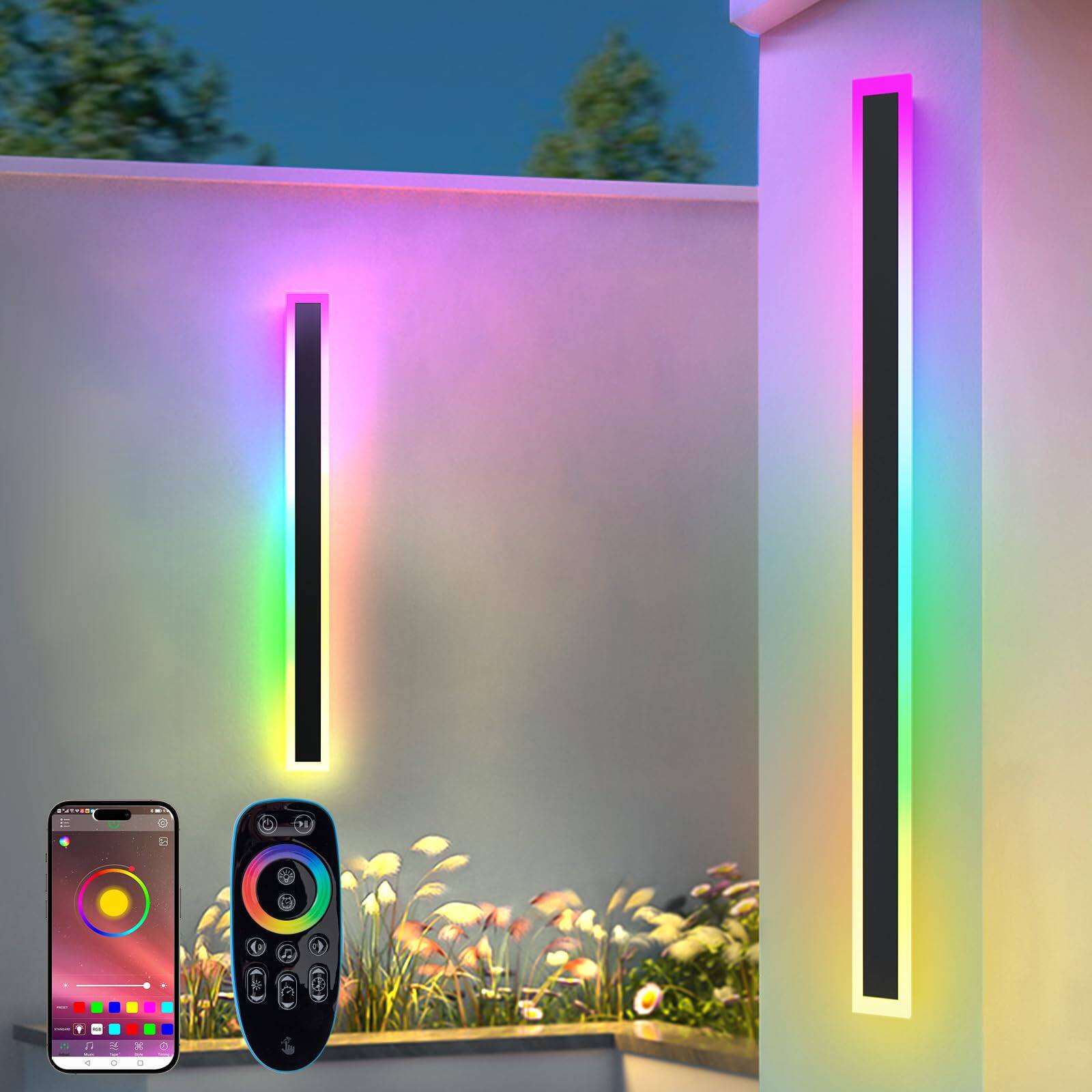 HM 1810 - Pack Outdoor Rgb Long Wall Lights nch Rgb warm Dimmable Modern Led Lighting Ip Waterproof Sconce With Remot - 31.4inch