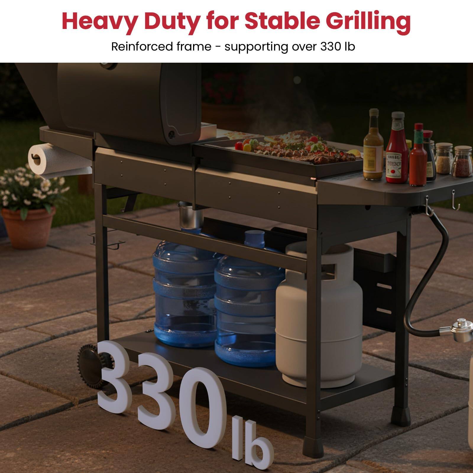 Heavy Duty for Stable Grilling  
Reinforced frame - supporting over 330 lb  
330 lb