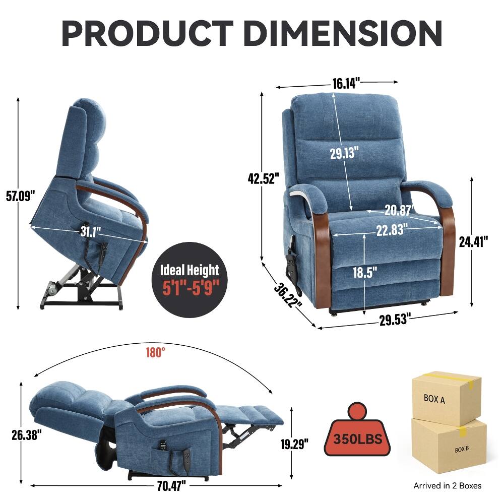 PRODUCT DIMENSION

- 16.14"
- 57.09"
- 31.1"
- Ideal Height 5'1"-5'9"
- 42.52"
- 36.22"
- 29.13"
- 20.87"
- 22.83"
- 18.5"
- 29.53"
- 24.41"
- 180°
- 26.38"
- 19.29"
- 350LBS
- BOX A
- BOX B
- 70.47"
- Arrived in 2 Boxes