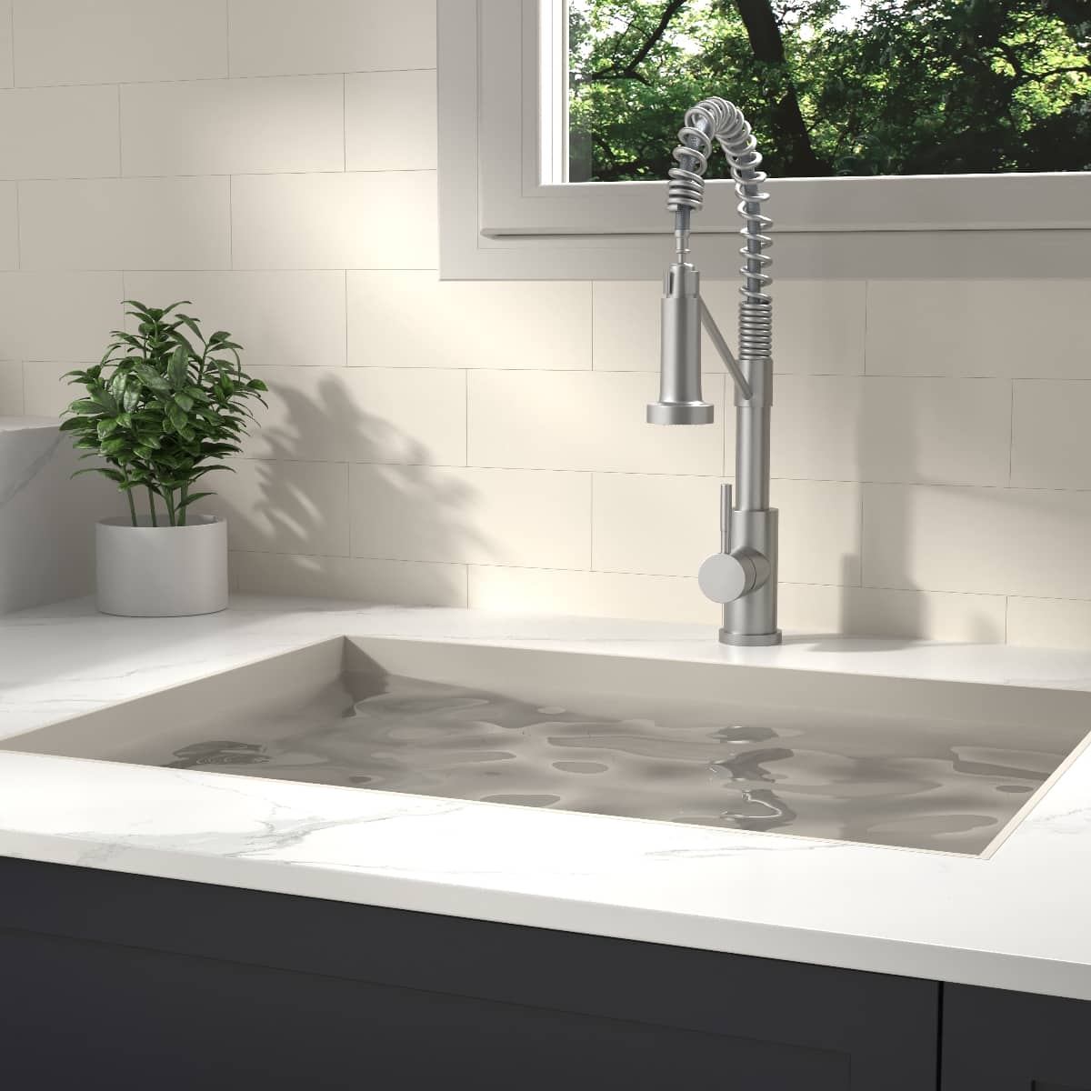 Ropilly - Single Handle Kitchen Faucet, Finish, Modern High Arc Spring Design - Brushed Nickel