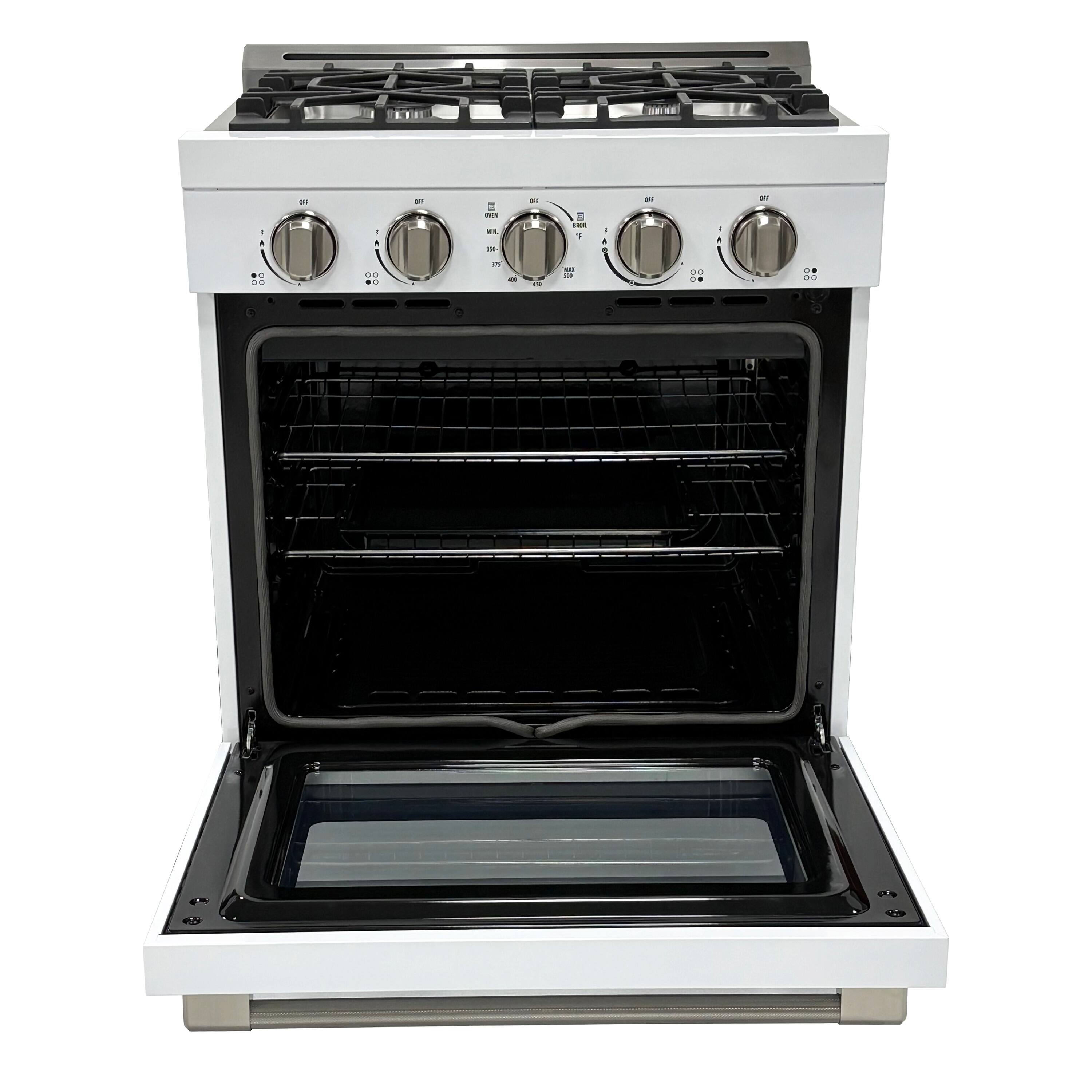 Angle. Unique Appliances - Off-Grid 30 in. Wide 4 Burner 5.1 Cu. Ft. Freestanding LP Gas Range with Waist-High Broiler and Manual Clean - White.