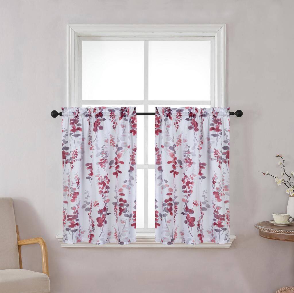 Angle. Kate Aurora - Kate Aurora Watercolor Floral Lillies Complete 3 Piece Rod Pocket Kitchen Curtain Tier & Valance Set - Berry - Berry.