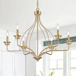 Parrot Uncle - 31.5 Inch Modern 6 Light LED Adjustable Chandelier Ceiling Light for Dining Room and Living Room - Gold